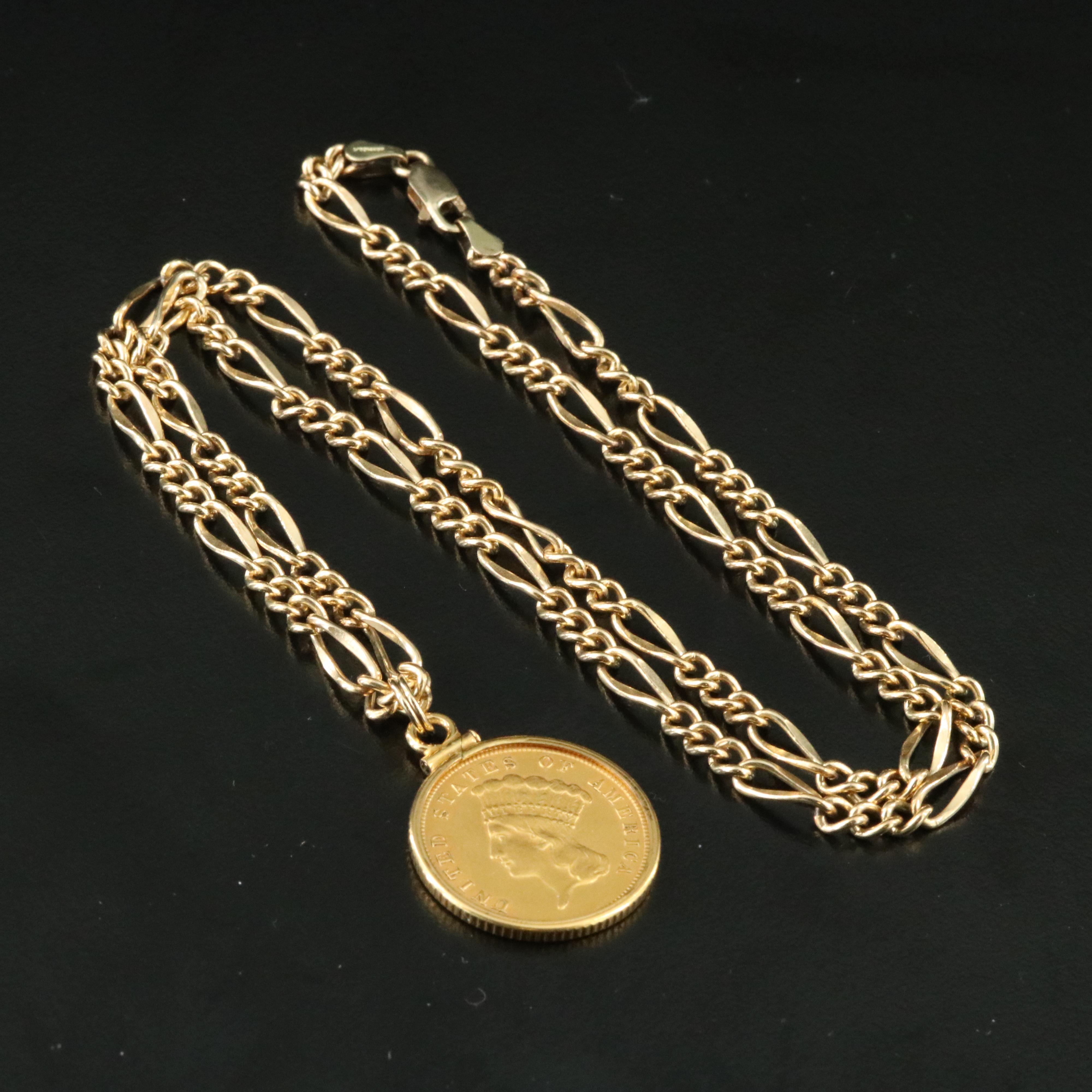 Gold-Filled Necklace with 1882 Indian Princess Head $3 Gold Coin