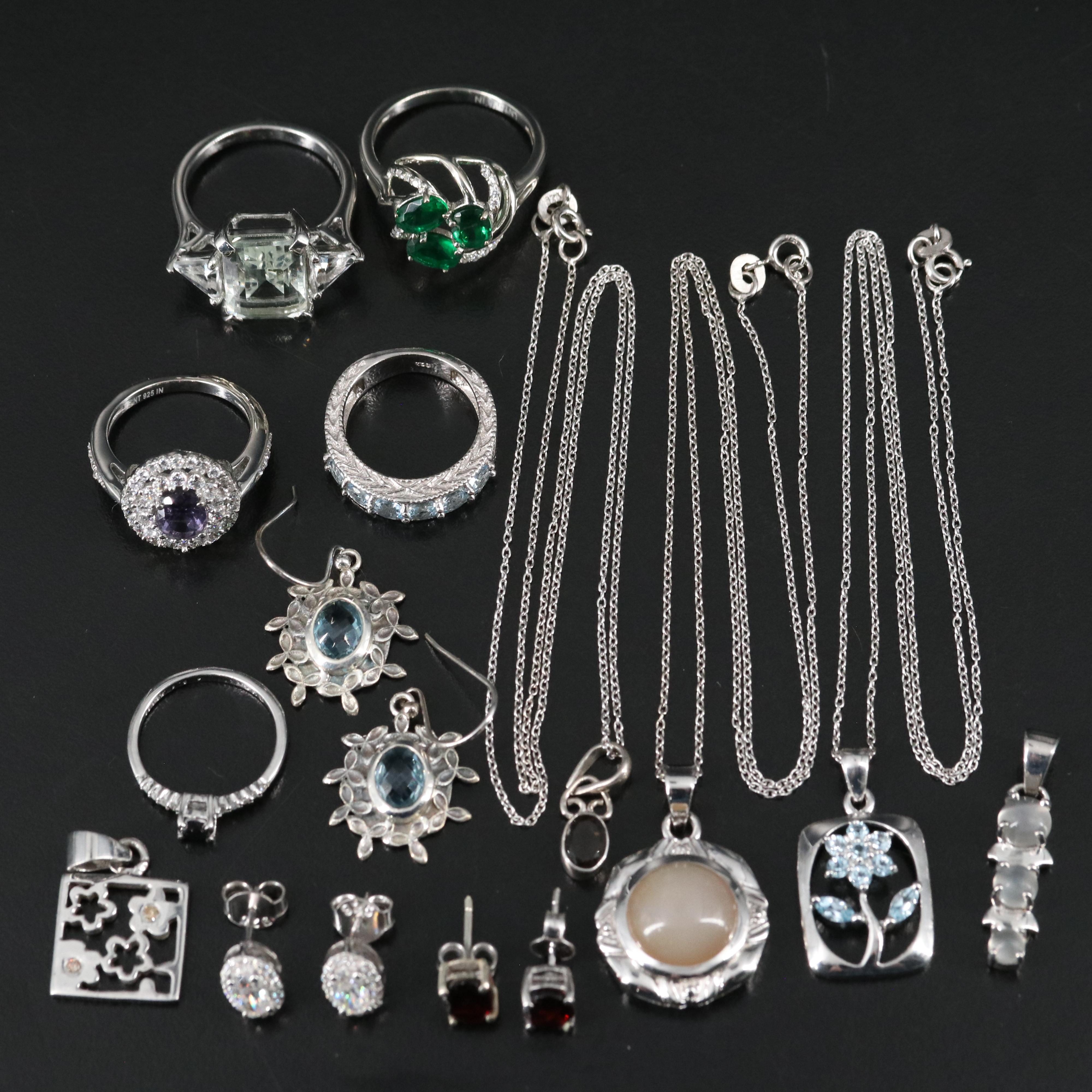 14 Assorted Sterling Silver Rings, Necklaces, Earrings, and Pendants