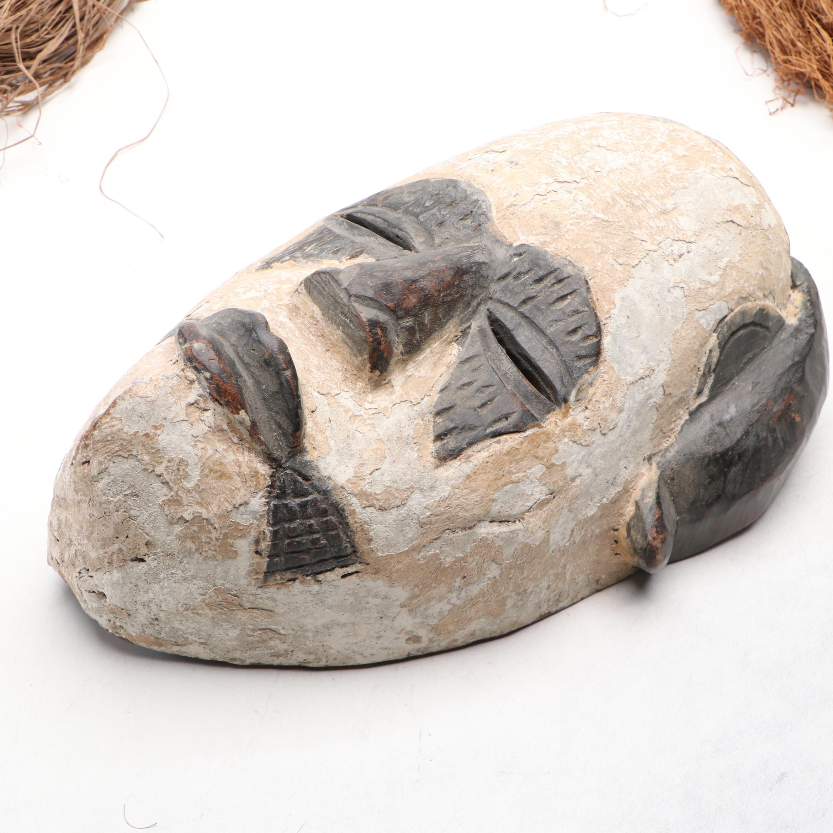 Dan Gle Monkey Mask & Yoruba Geleda Crown Mask with Raffia Trim, Nigerian Igbo