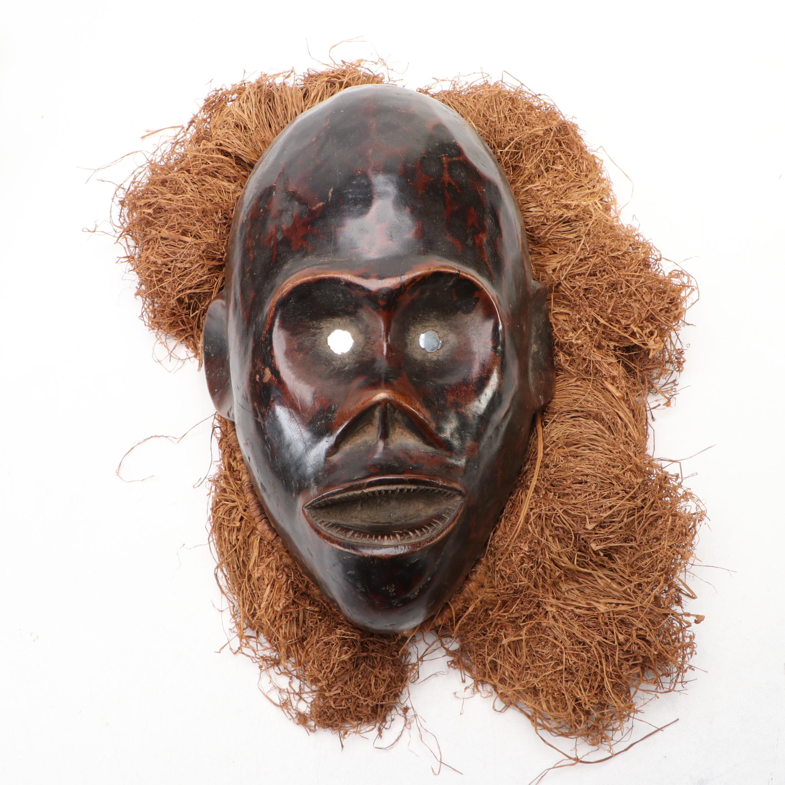 Dan Gle Monkey Mask & Yoruba Geleda Crown Mask with Raffia Trim, Nigerian Igbo