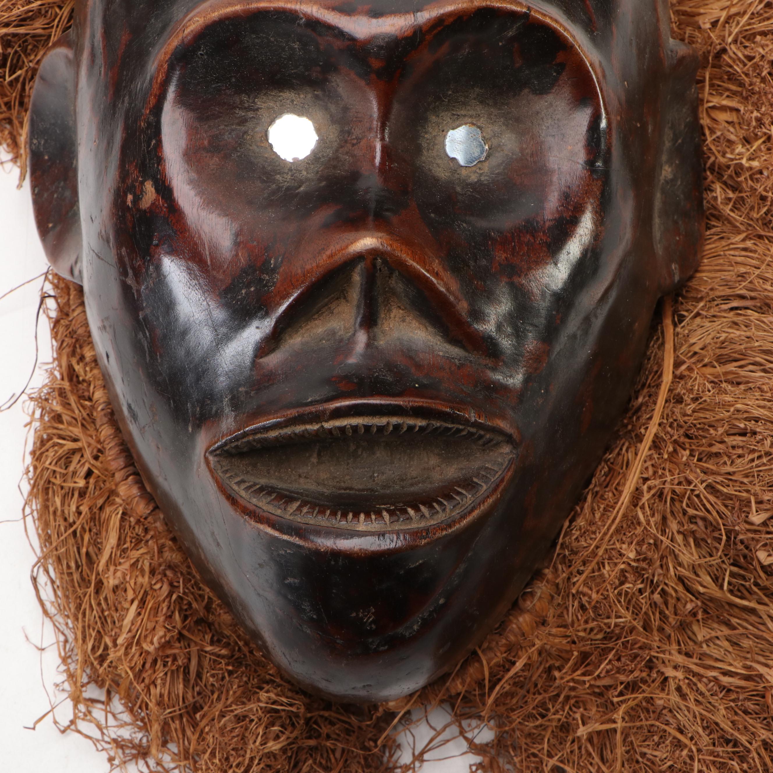 Dan Gle Monkey Mask & Yoruba Geleda Crown Mask with Raffia Trim, Nigerian Igbo