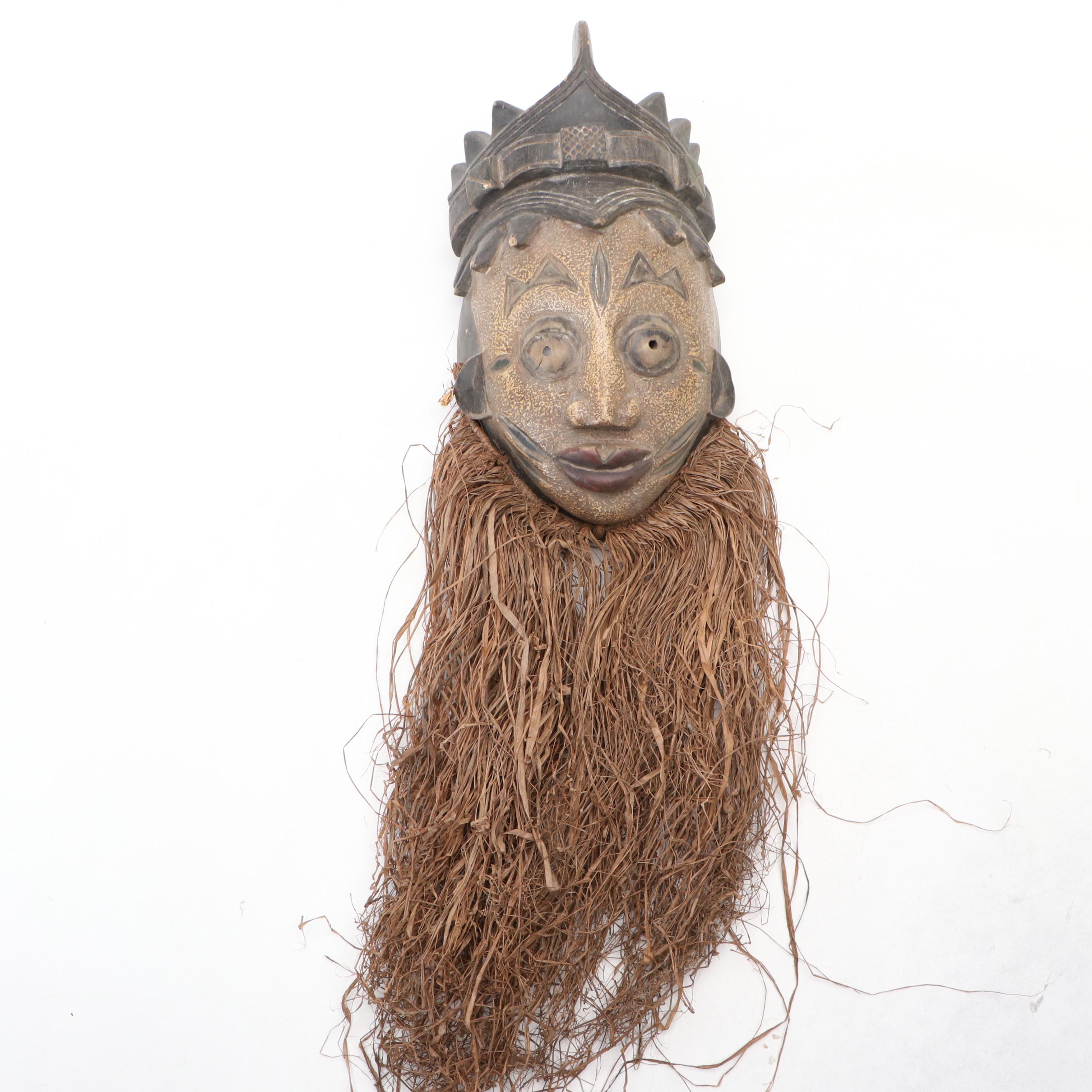 Dan Gle Monkey Mask & Yoruba Geleda Crown Mask with Raffia Trim, Nigerian Igbo