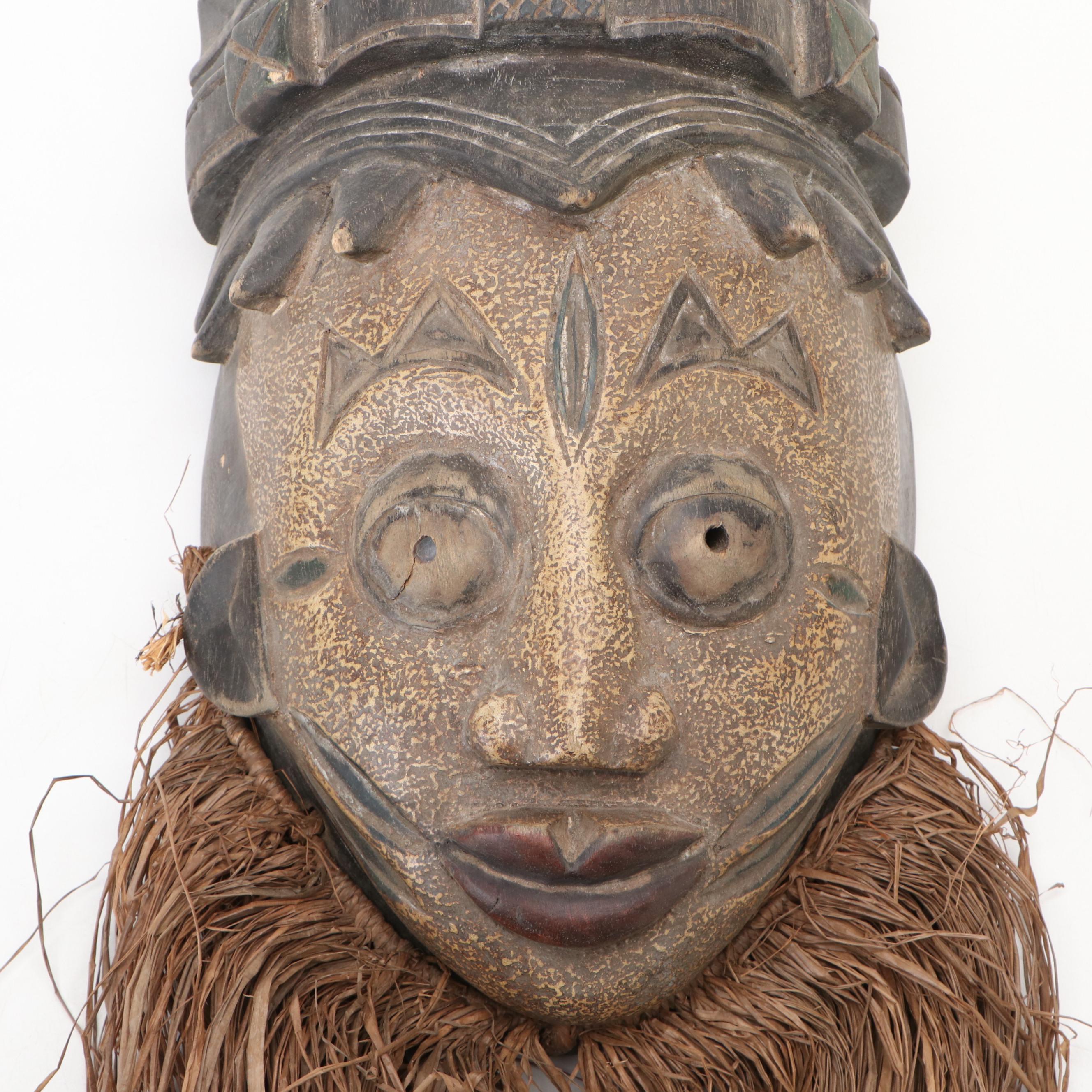Dan Gle Monkey Mask & Yoruba Geleda Crown Mask with Raffia Trim, Nigerian Igbo