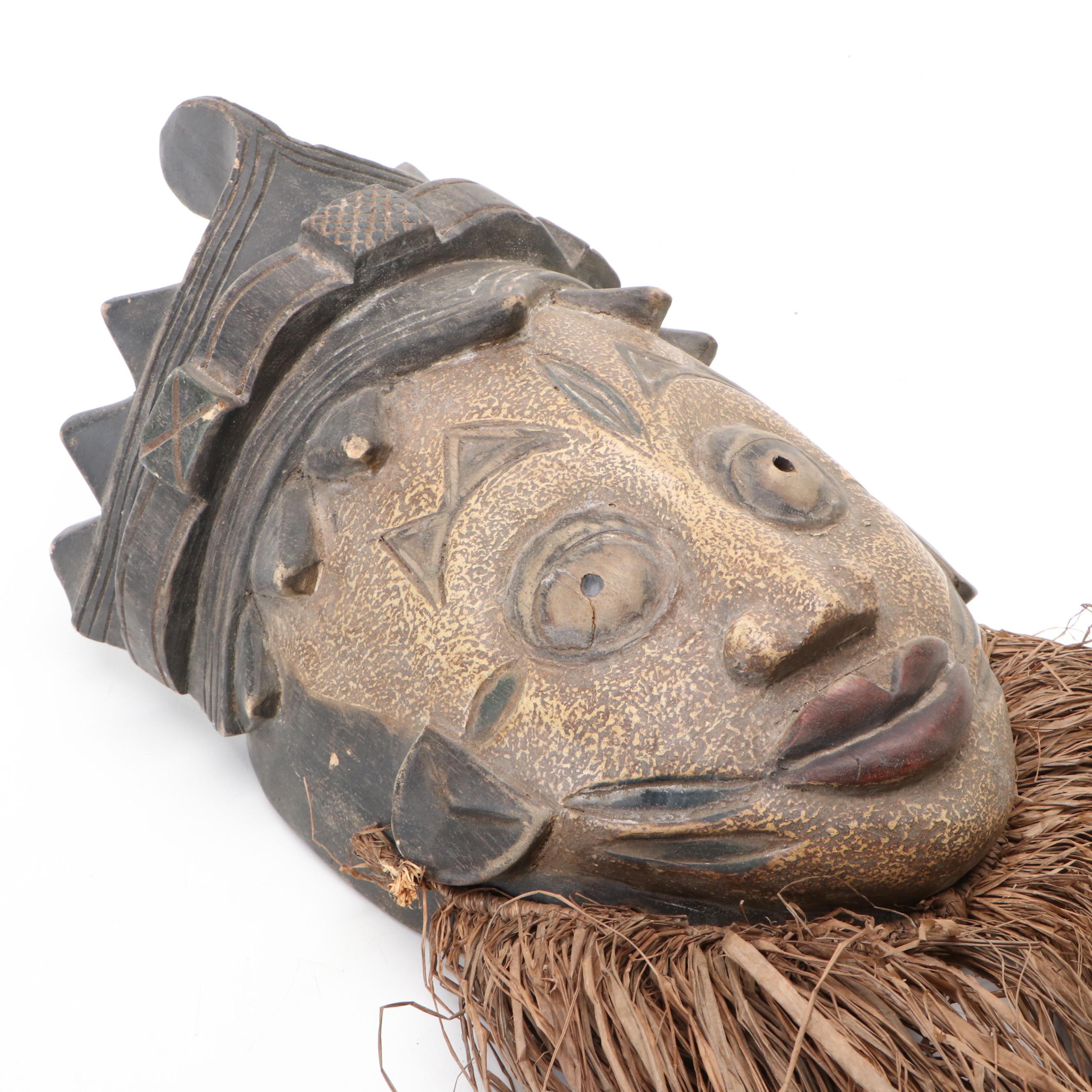 Dan Gle Monkey Mask & Yoruba Geleda Crown Mask with Raffia Trim, Nigerian Igbo