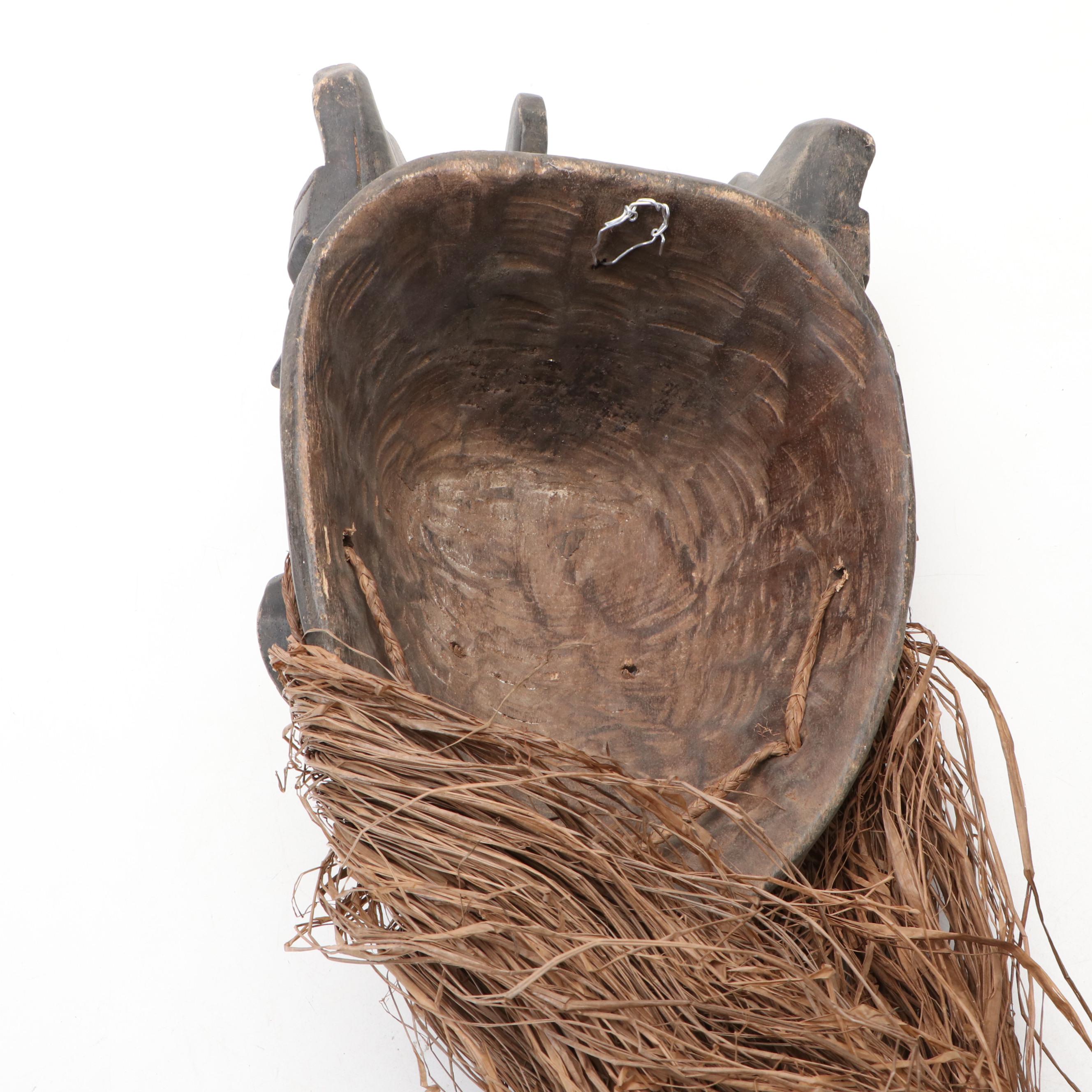 Dan Gle Monkey Mask & Yoruba Geleda Crown Mask with Raffia Trim, Nigerian Igbo