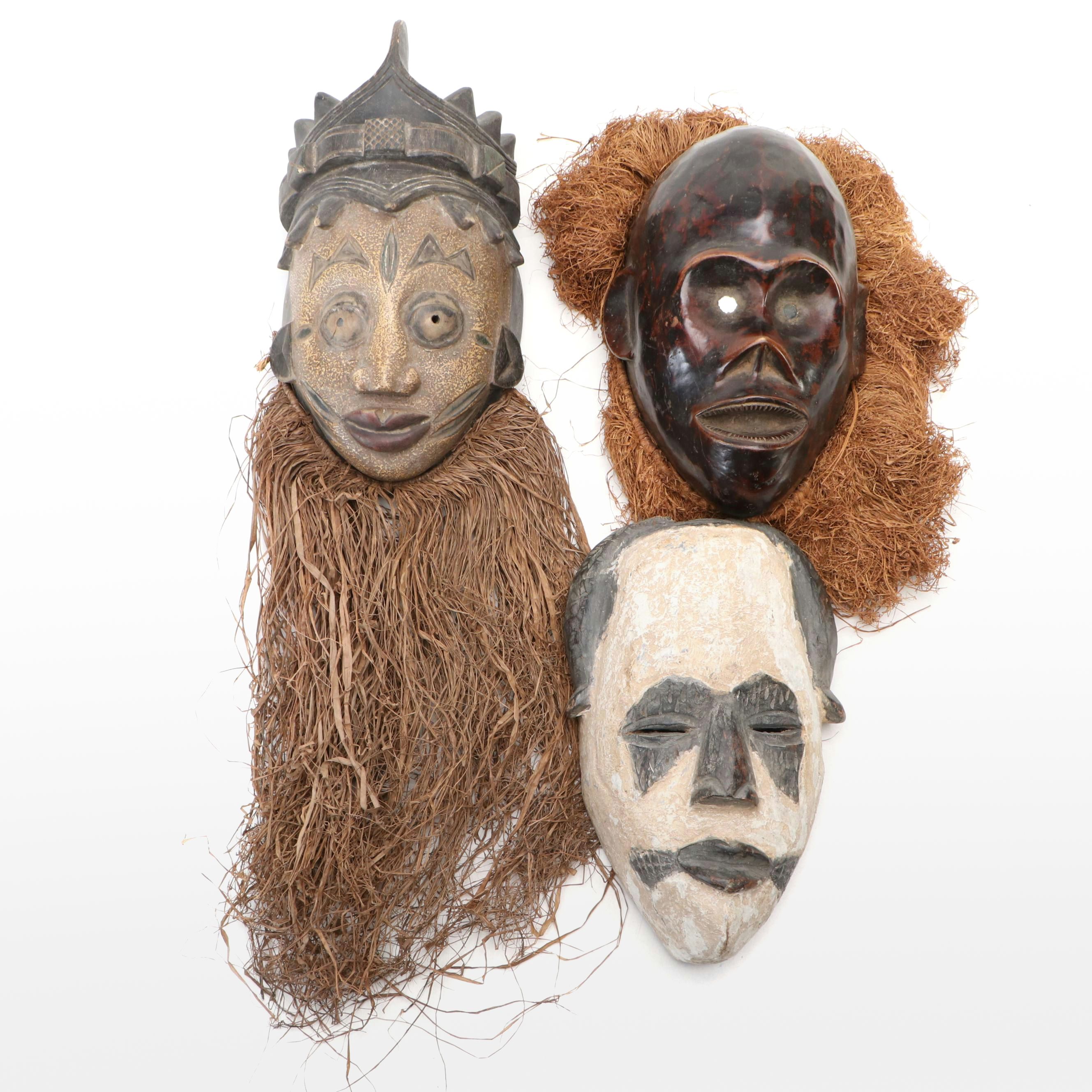 Dan Gle Monkey Mask & Yoruba Geleda Crown Mask with Raffia Trim, Nigerian Igbo