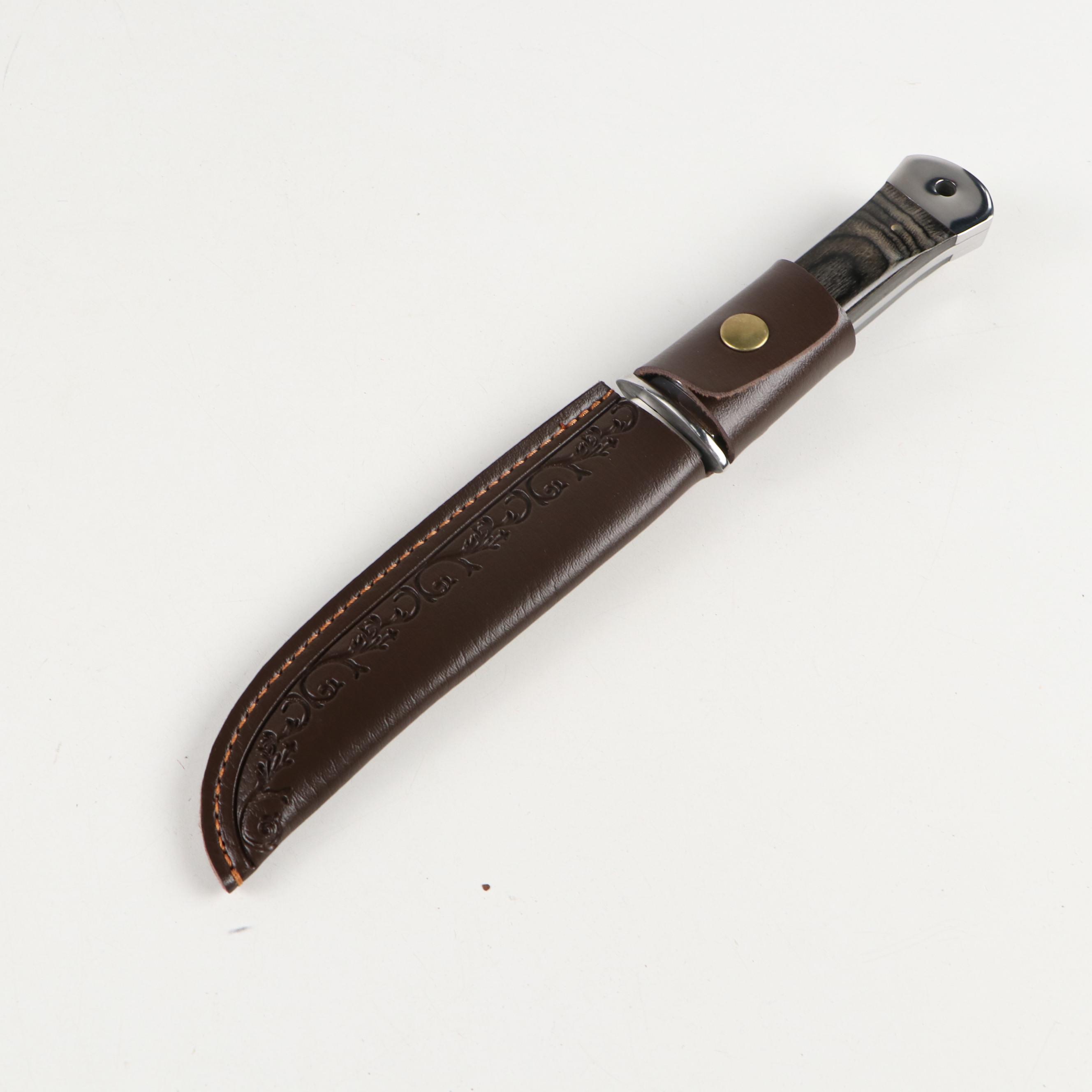 Arizona Custom Knives Double Edged Fixed Blade Knife with Tooled Leather Sheath