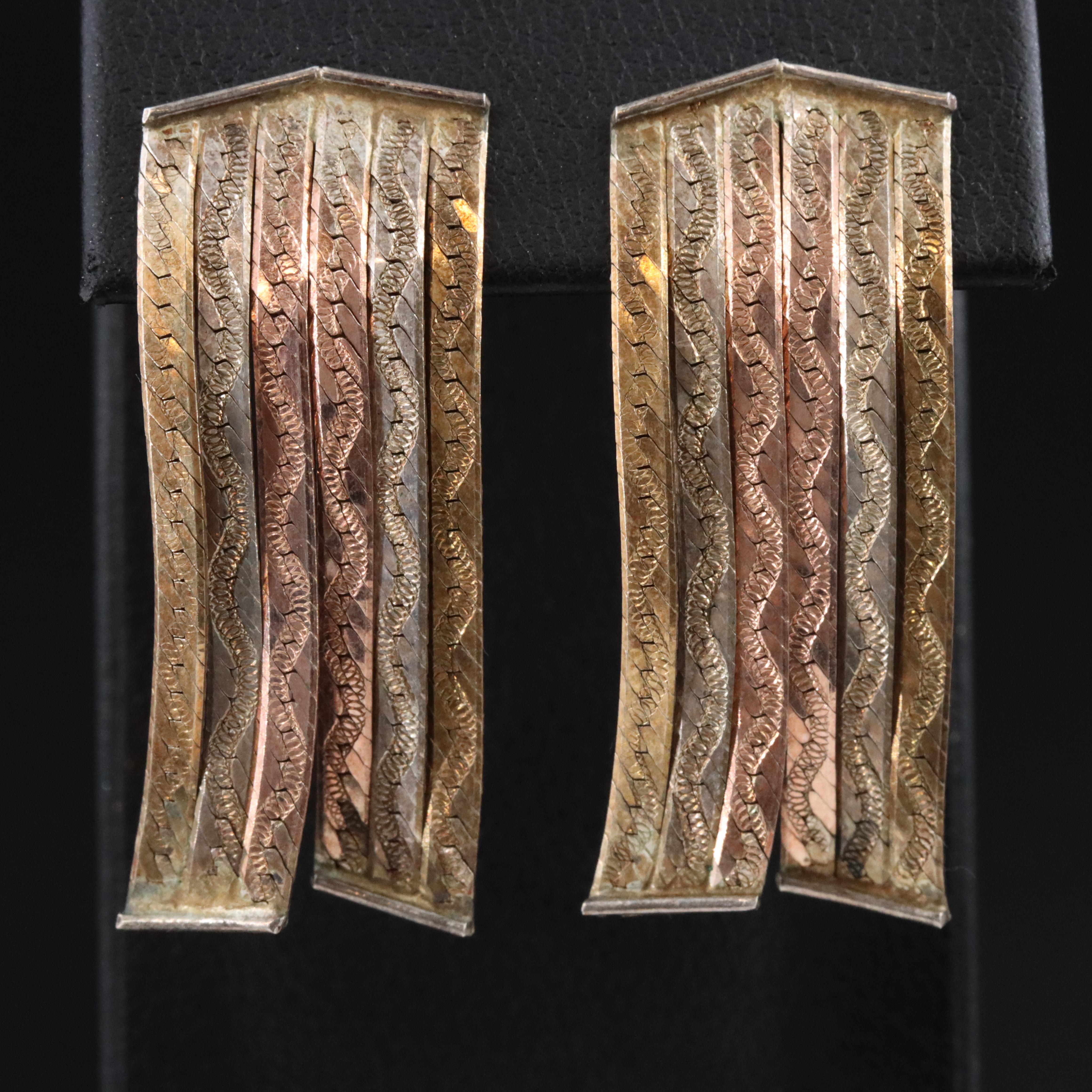 Italian Sterling Tri-Color Herringbone Chain Fringe Earrings