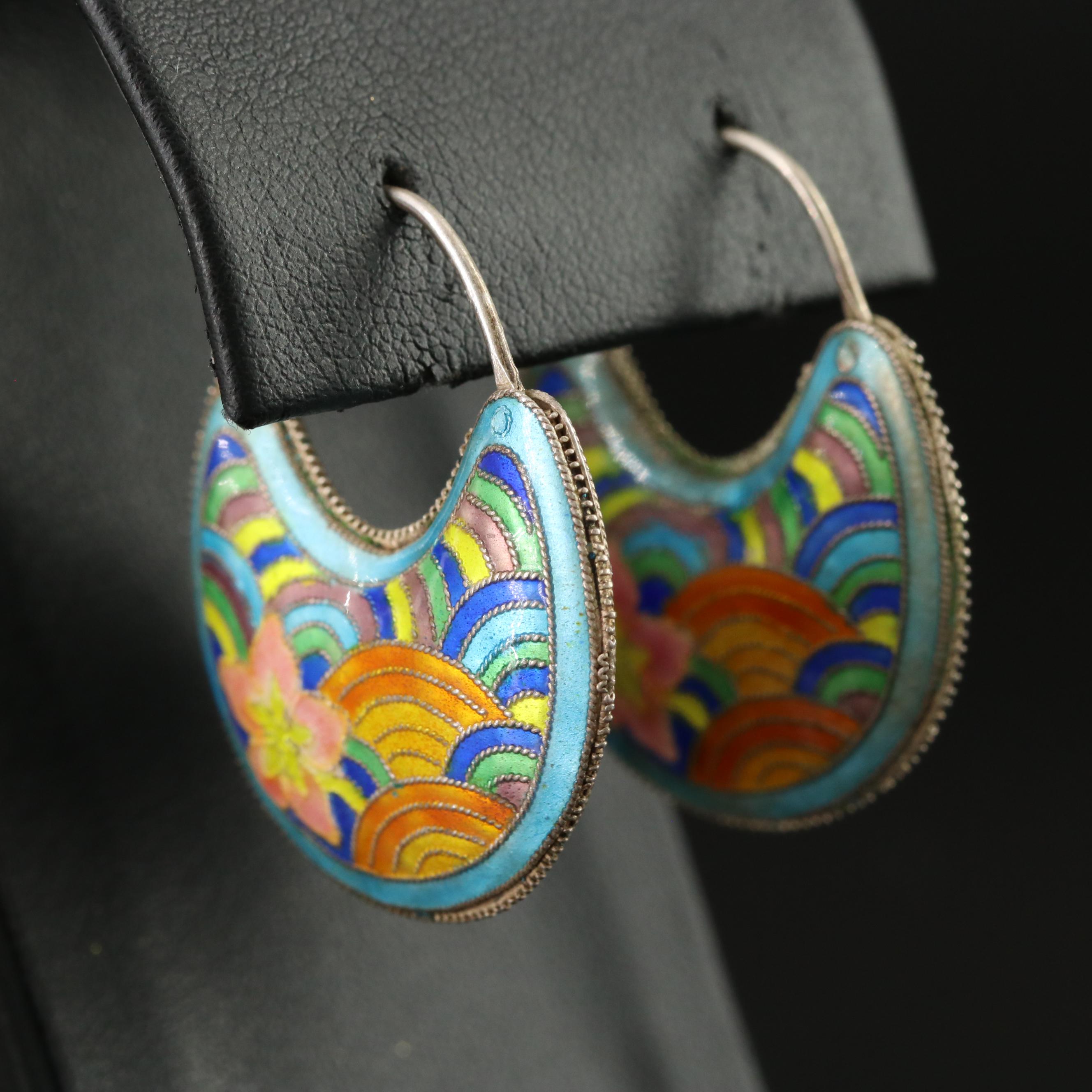 Sterling Enamel Hoop Earrings with Floral Design