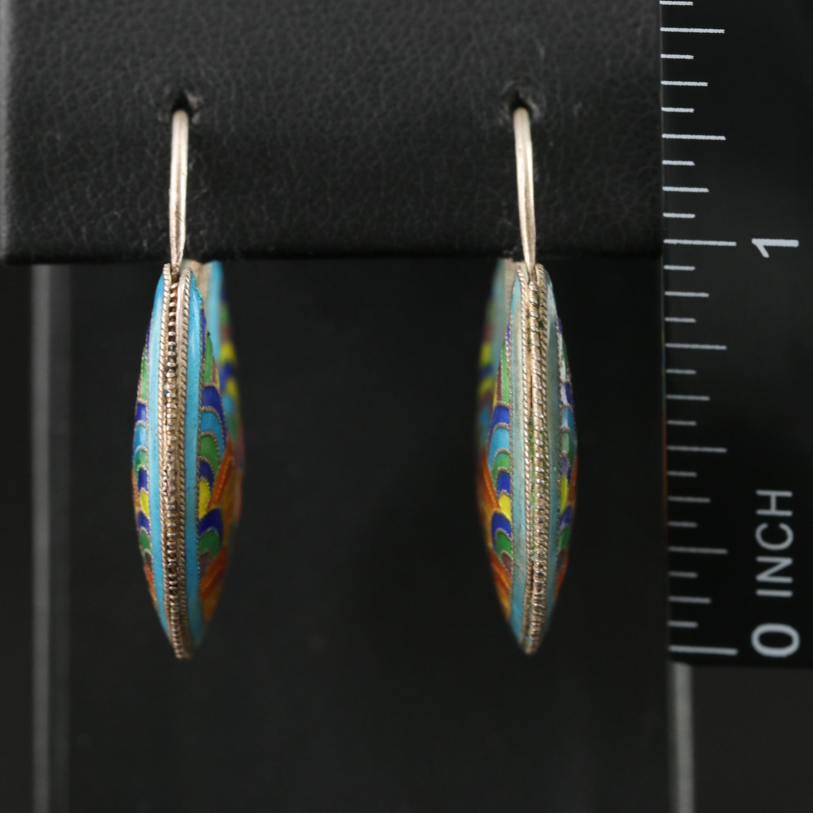 Sterling Enamel Hoop Earrings with Floral Design