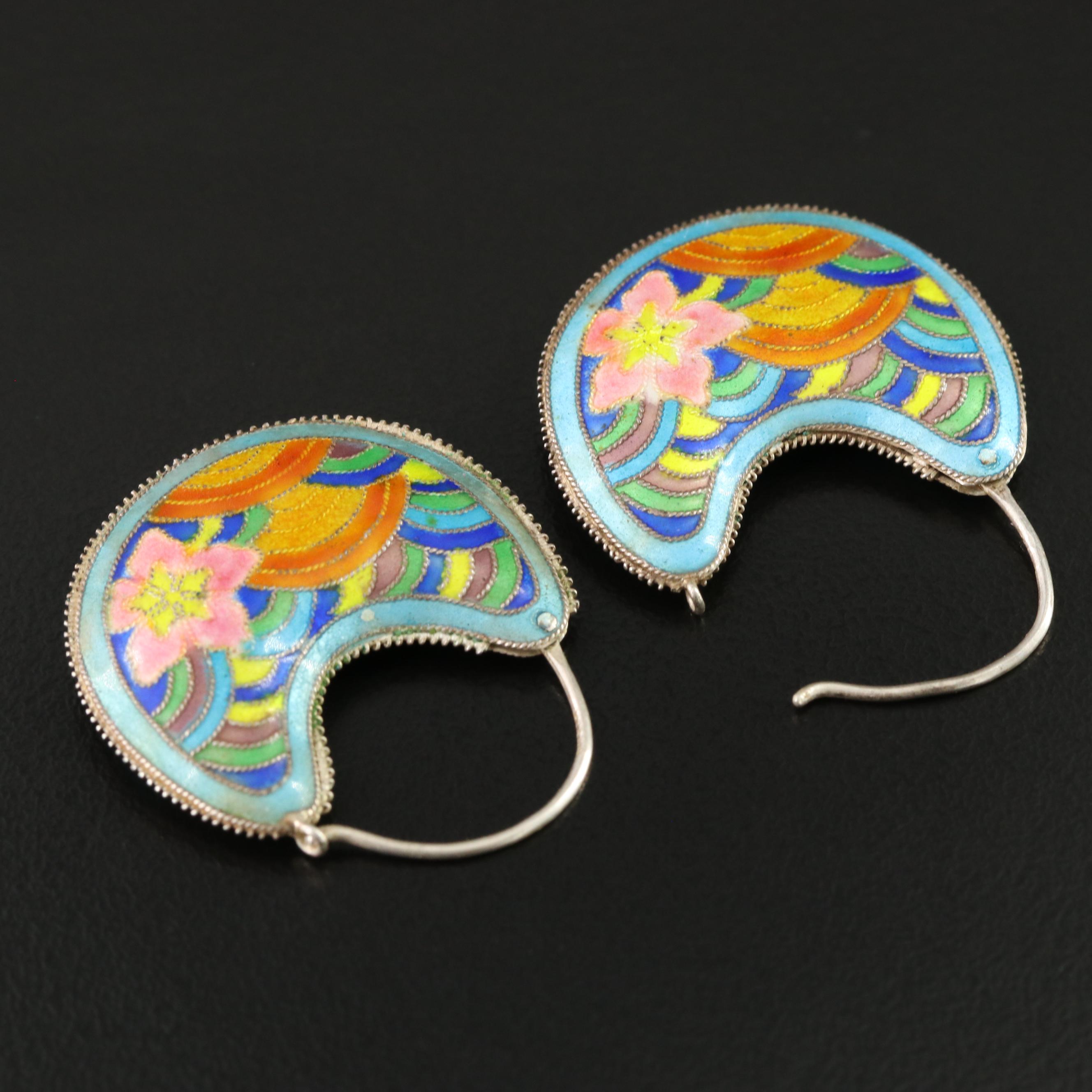 Sterling Enamel Hoop Earrings with Floral Design