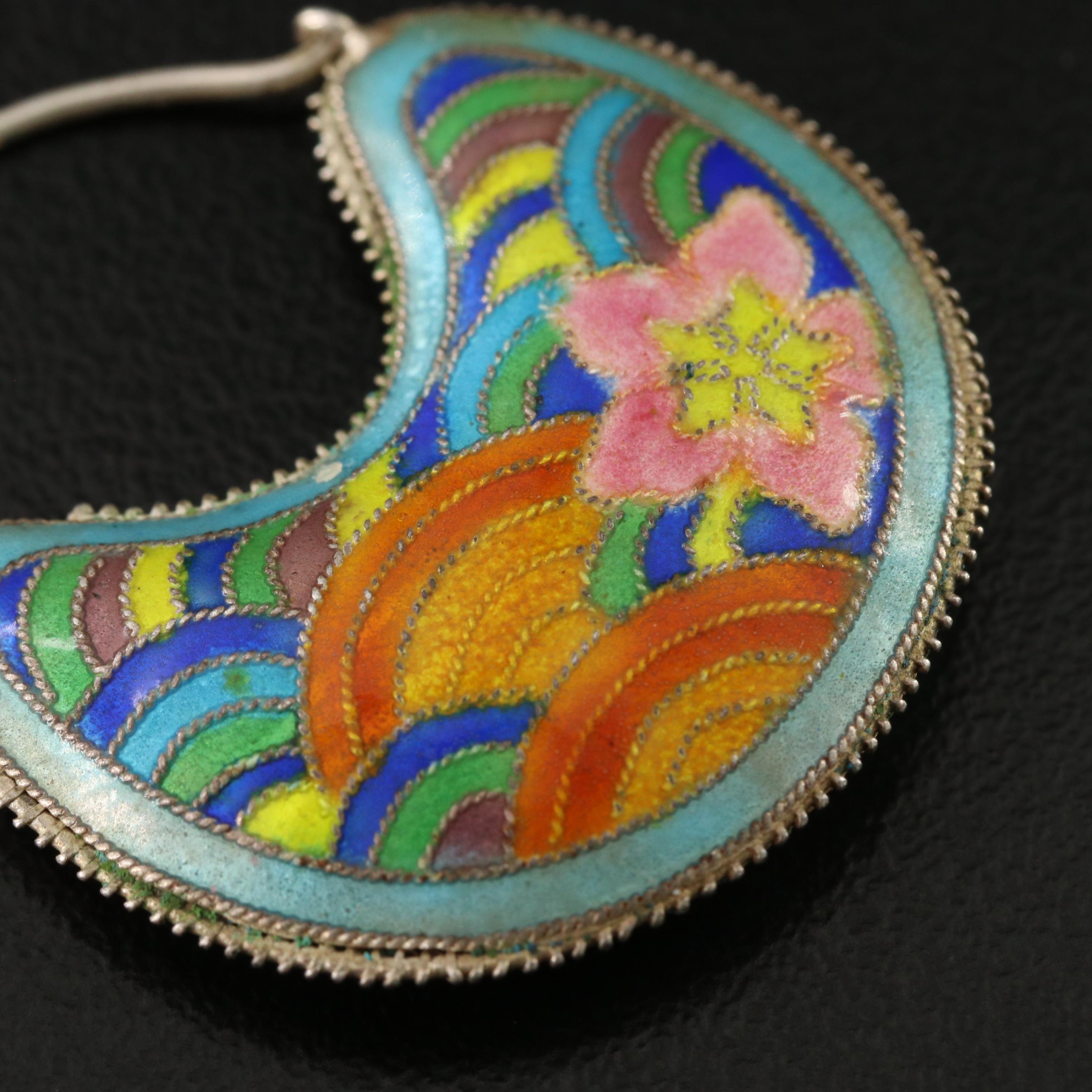 Sterling Enamel Hoop Earrings with Floral Design