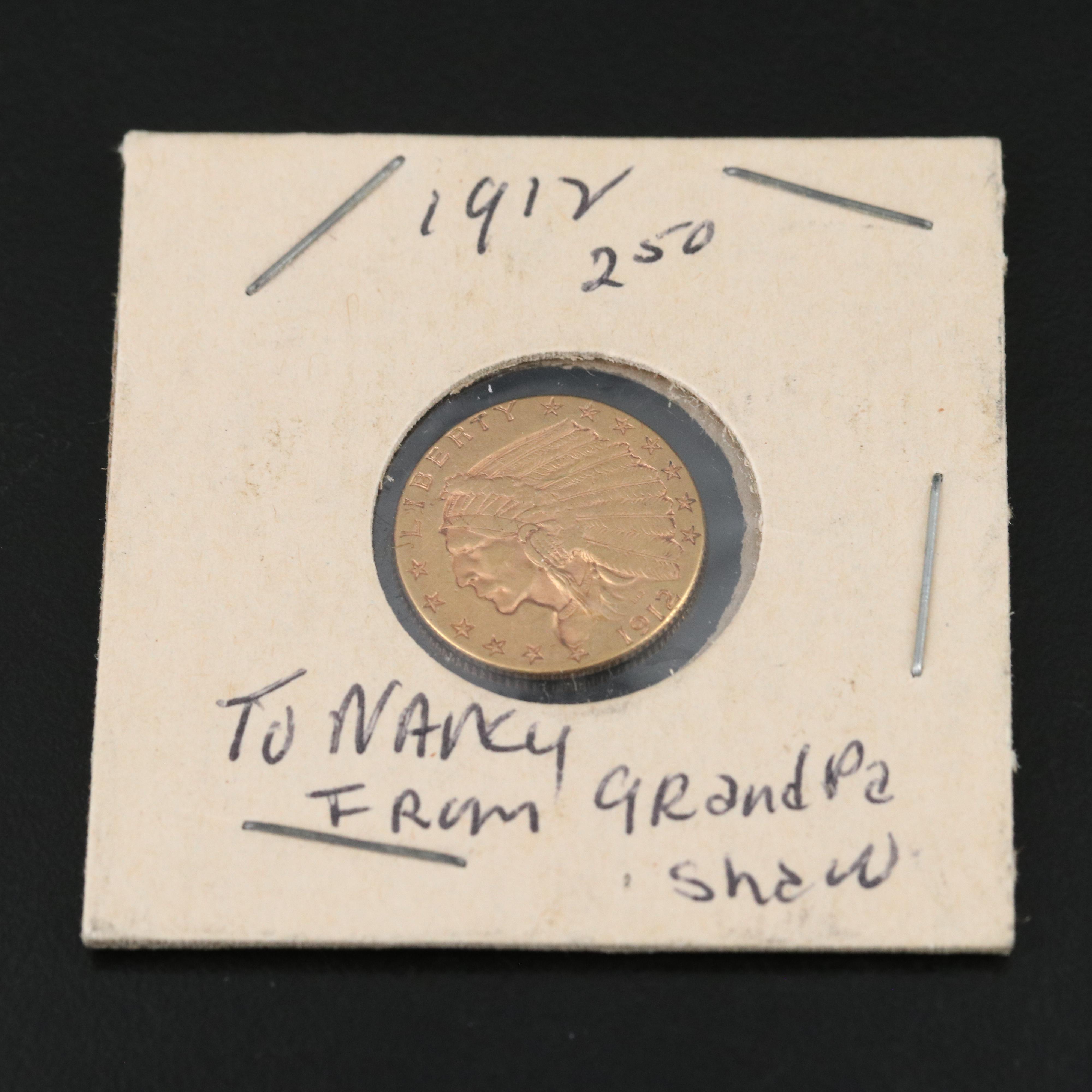 1912 Indian Head $2.50 Gold Quarter Eagle Coin