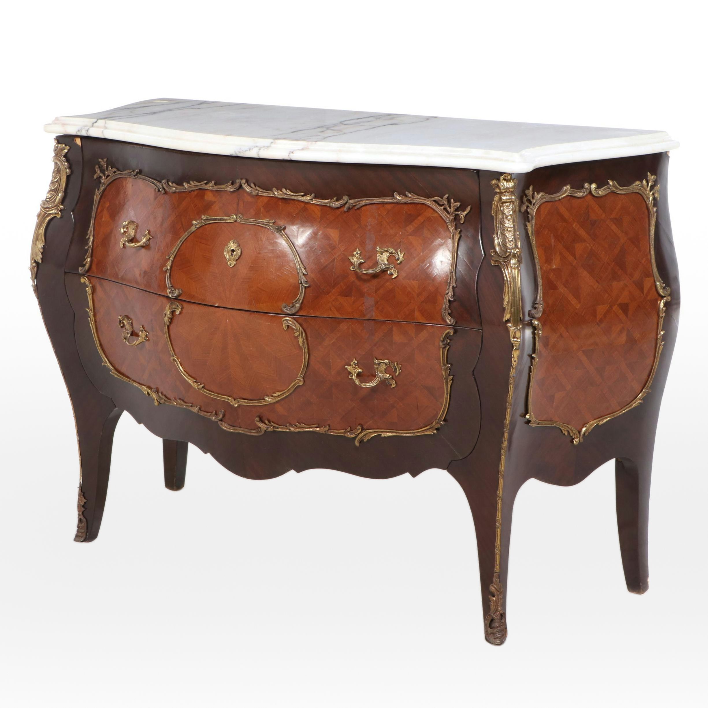 Louis XIV Style Ormolu Mounted Mixed Wood Parquetry Inlaid Marble Top Commode