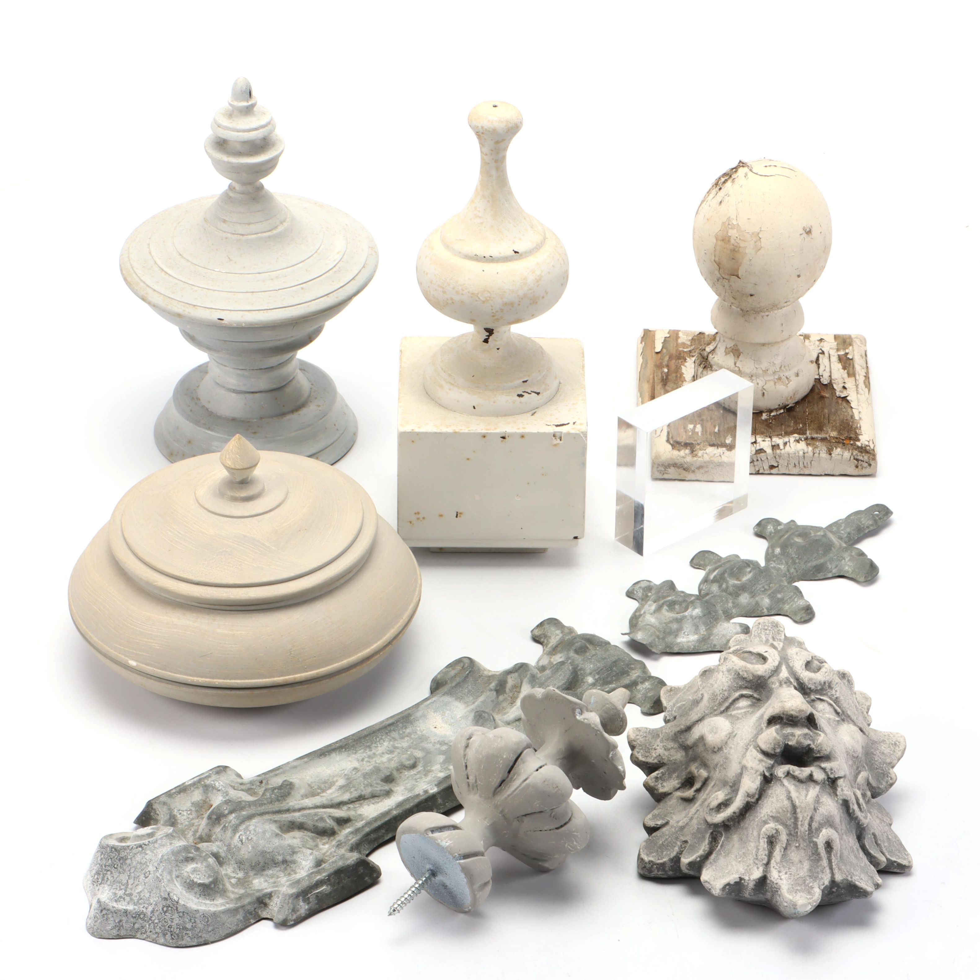 Wooden Banister Finials and End Caps with Wall Hangings and Ceramic Lidded Jars