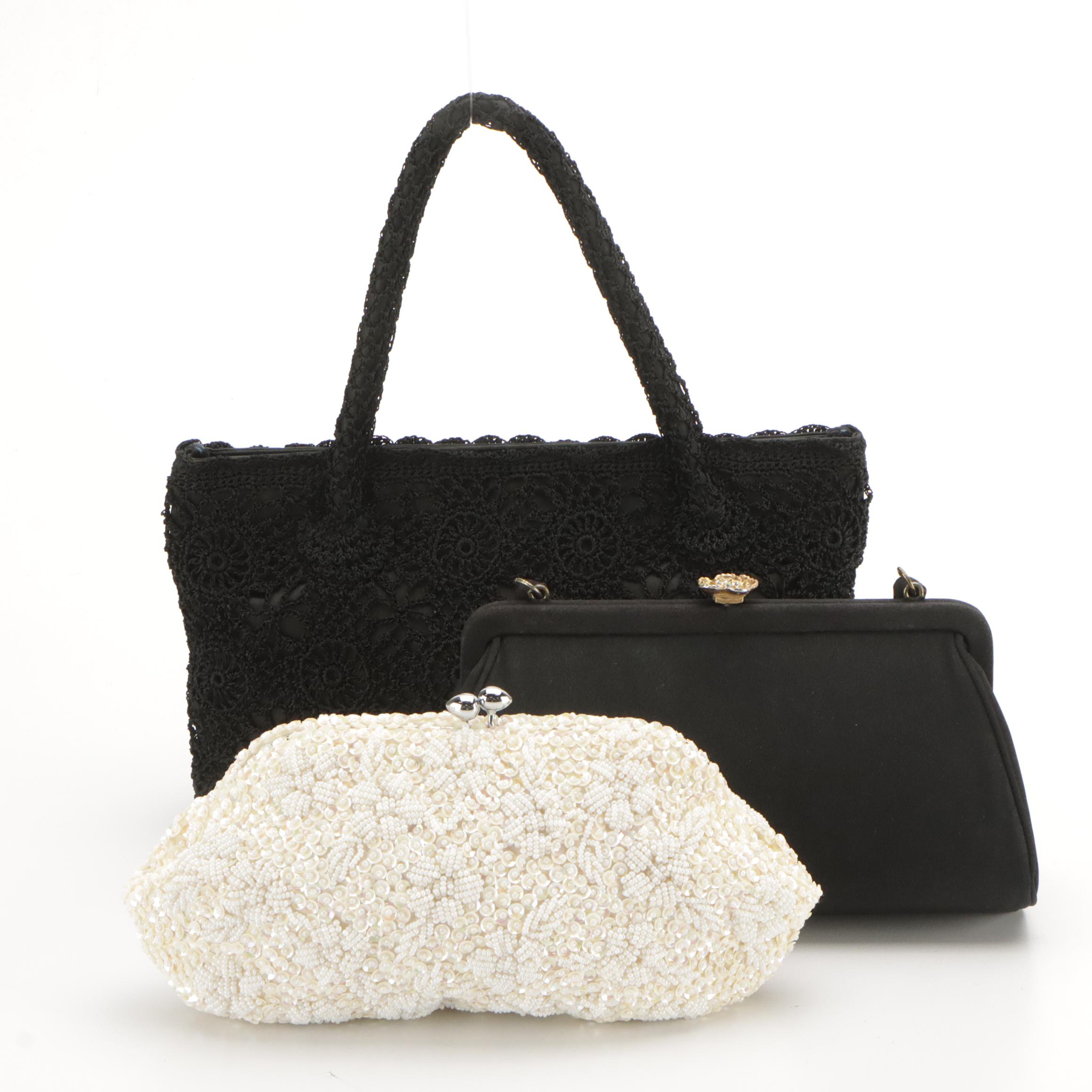 Preston & York Crochet and Other Black Satin Handbags with Beaded Clutch