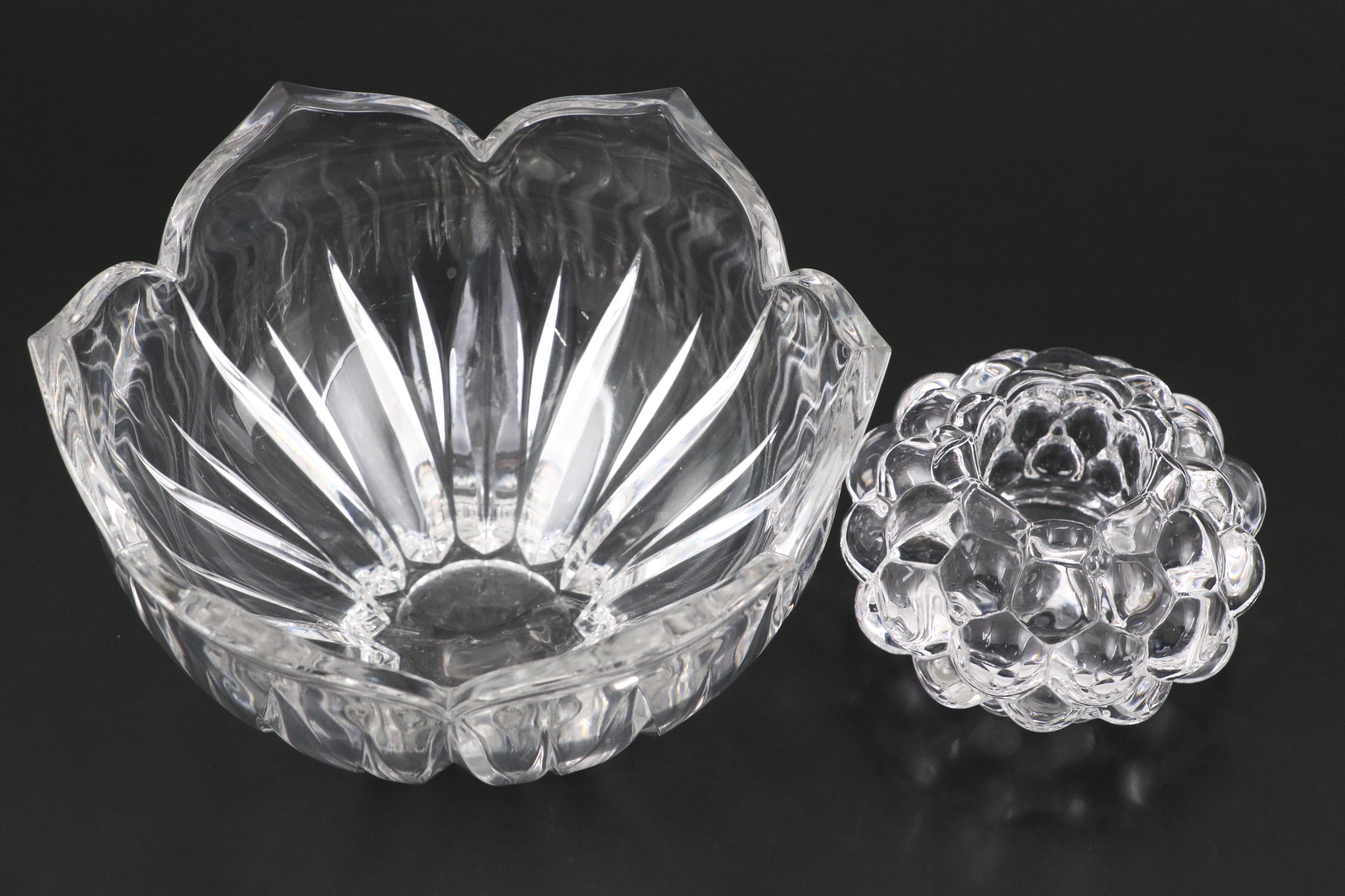 Gorham "Lotus" Crystal Bowl and Candlesticks with Candle Holder and Candlesticks