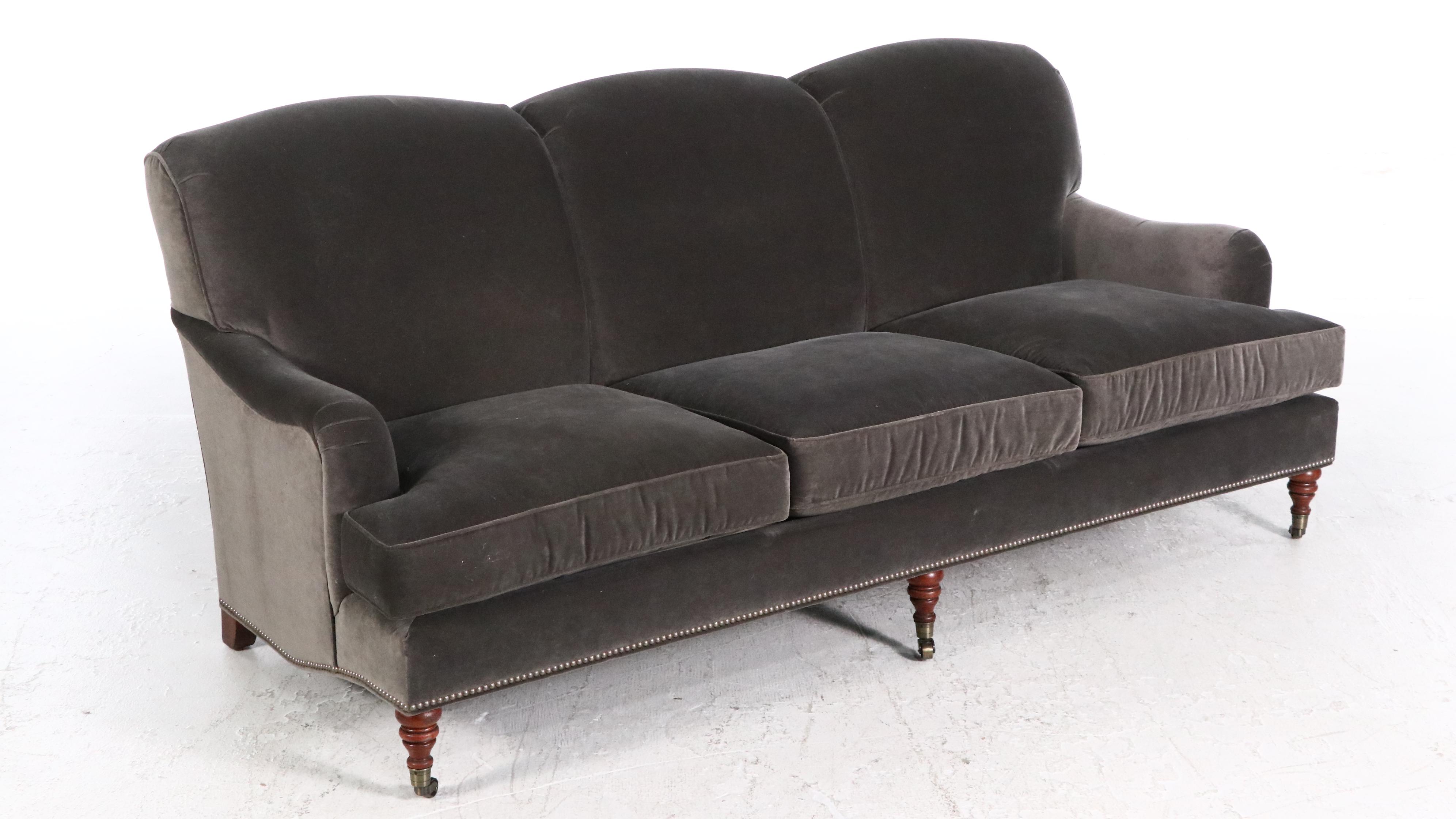 Edwardian Style Velveteen Upholstered Sofa with Accent Pillows