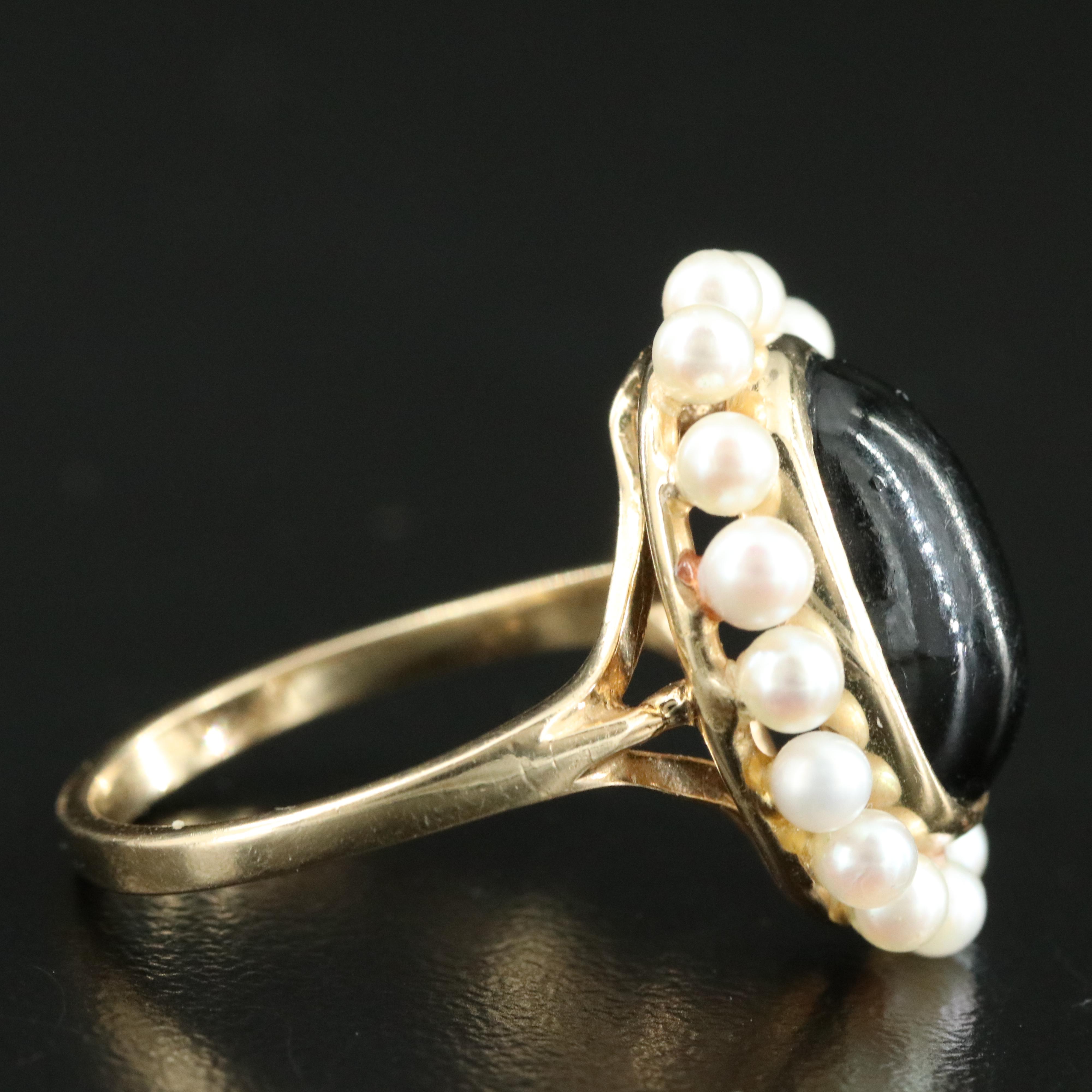 14K Black Coral and Pearl Halo Ring