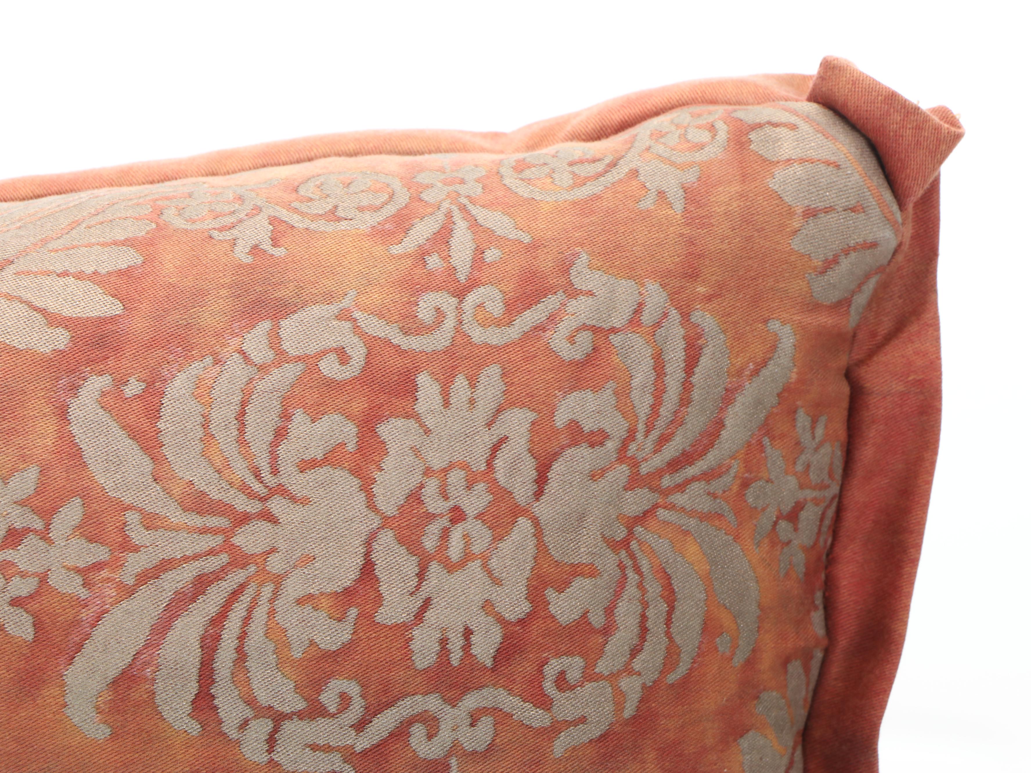 Fortuny Burnt Orange and Grey Floral Motif Accent Pillows, Pair