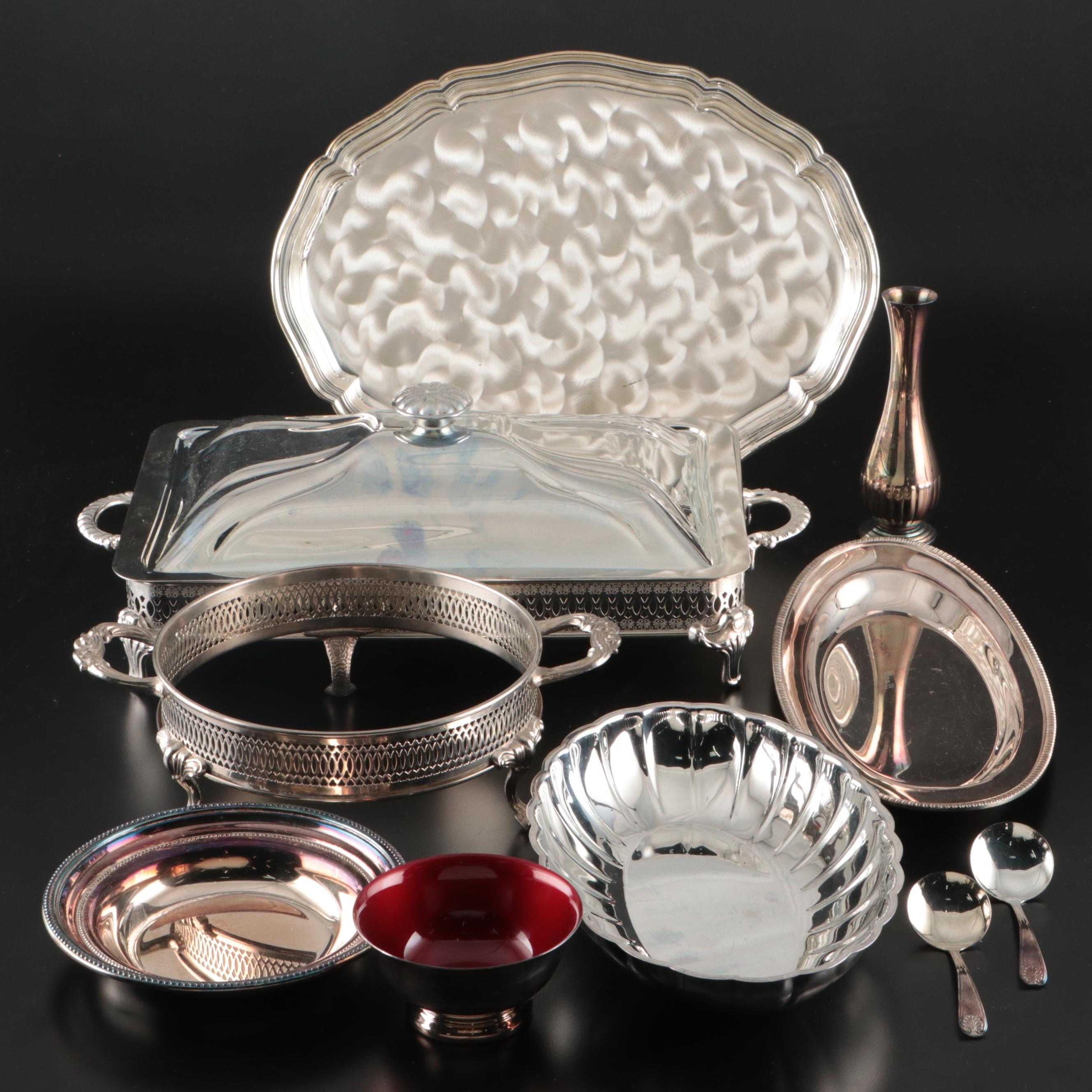 Silver Plate Chafing Dishes with Serving Bowls, Tray and Enameled Bowl