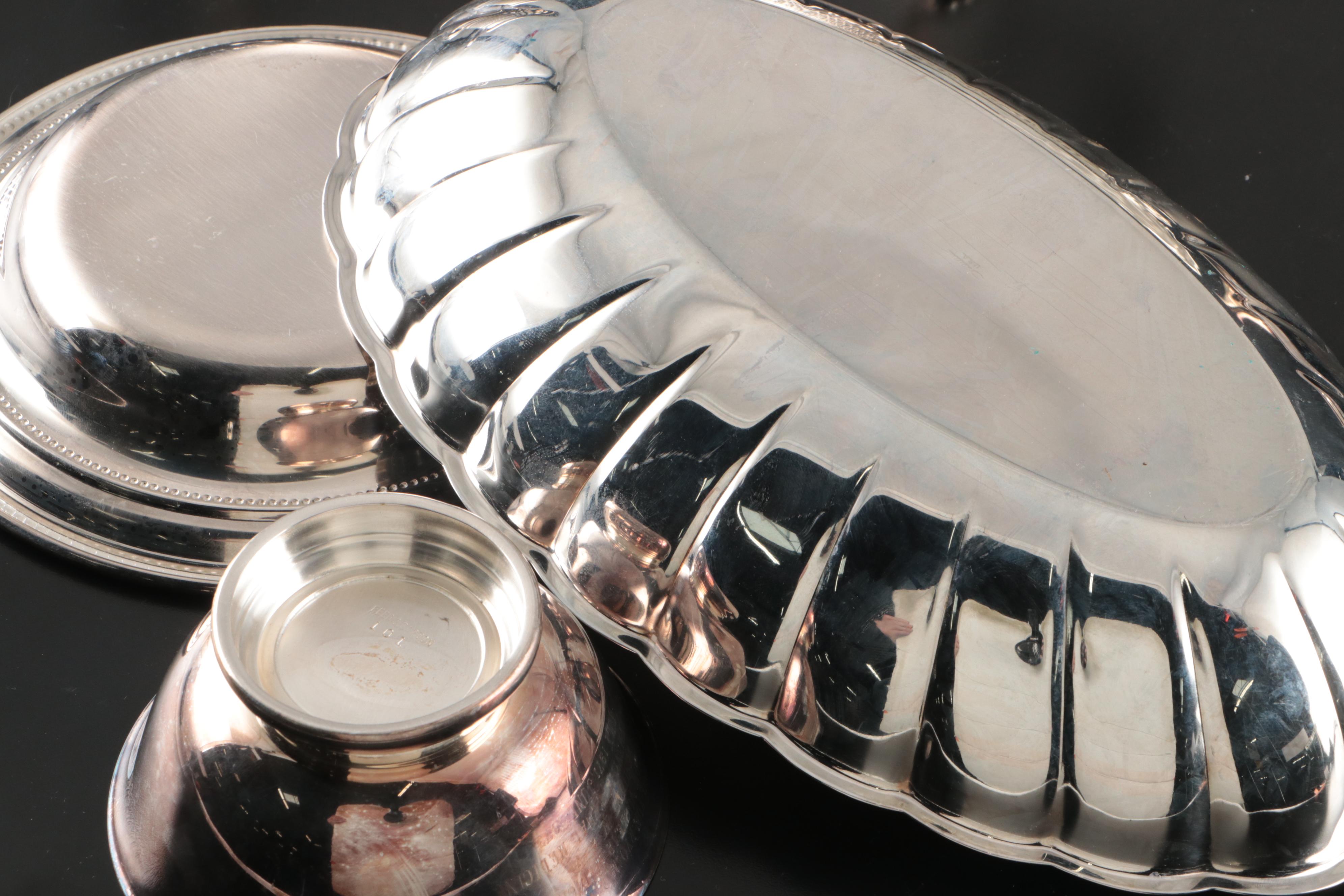 Silver Plate Chafing Dishes with Serving Bowls, Tray and Enameled Bowl