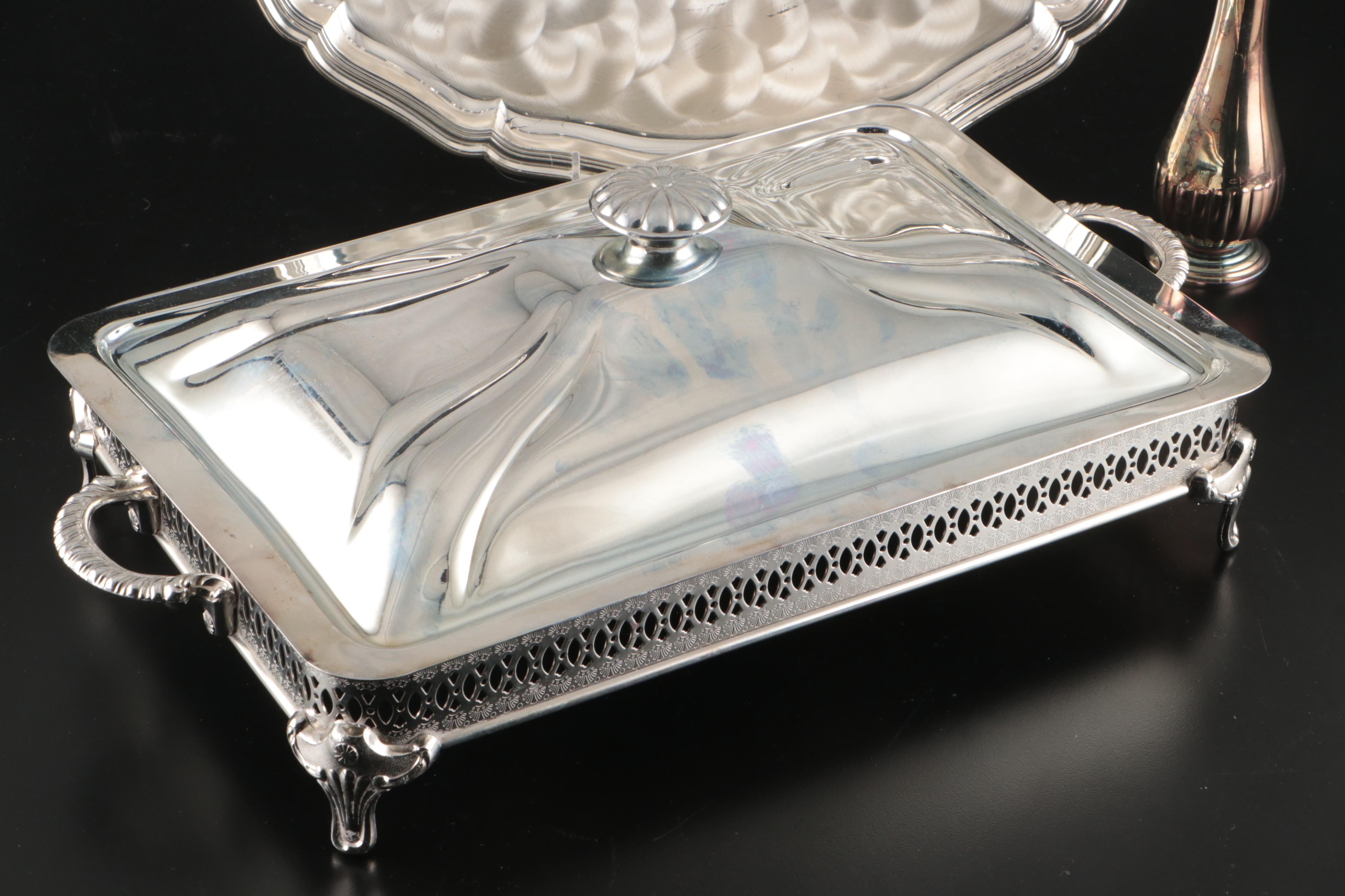 Silver Plate Chafing Dishes with Serving Bowls, Tray and Enameled Bowl