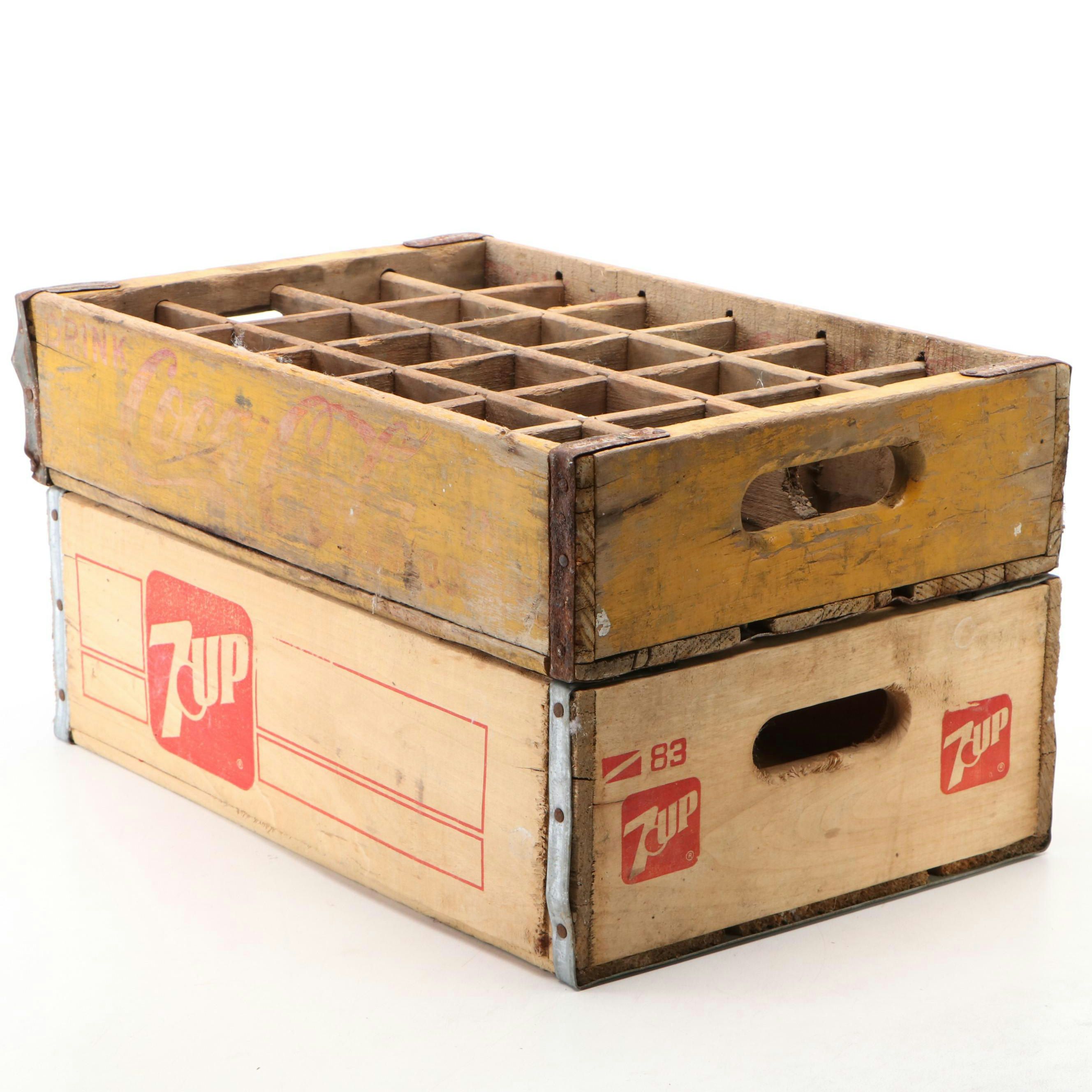Coca-Cola and 7UP Wooden Advertising Crates, Mid to Late 20th Century