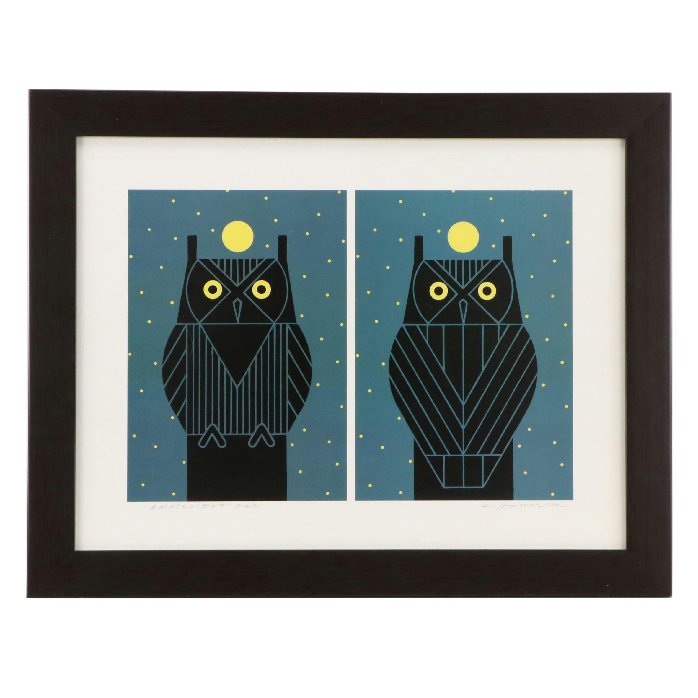 Charley Harper Offset Lithograph "Omniscient Owl," 1998