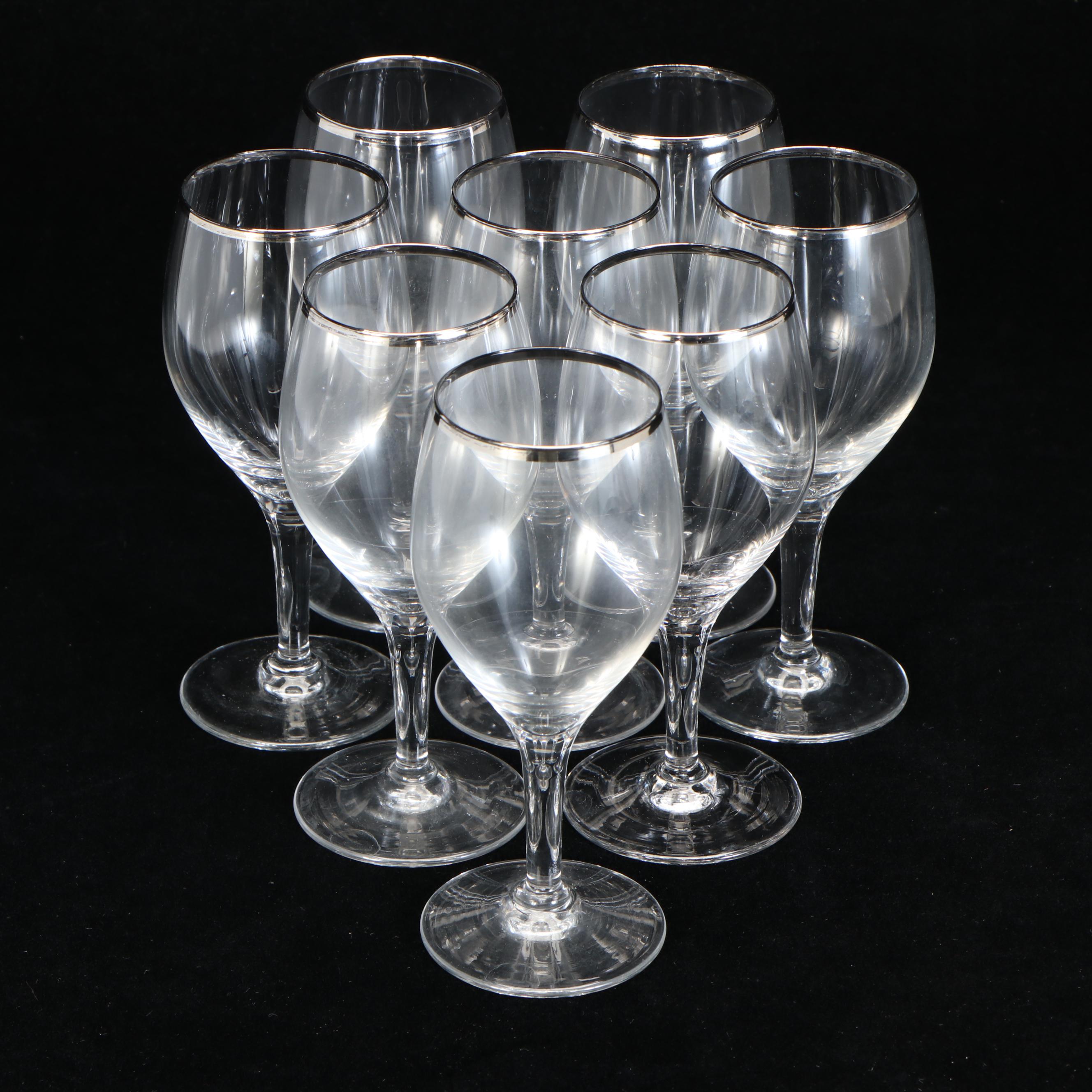 Mid Century Modern Style Platinum Rim Stemware and Footed Roly Poly Glasses