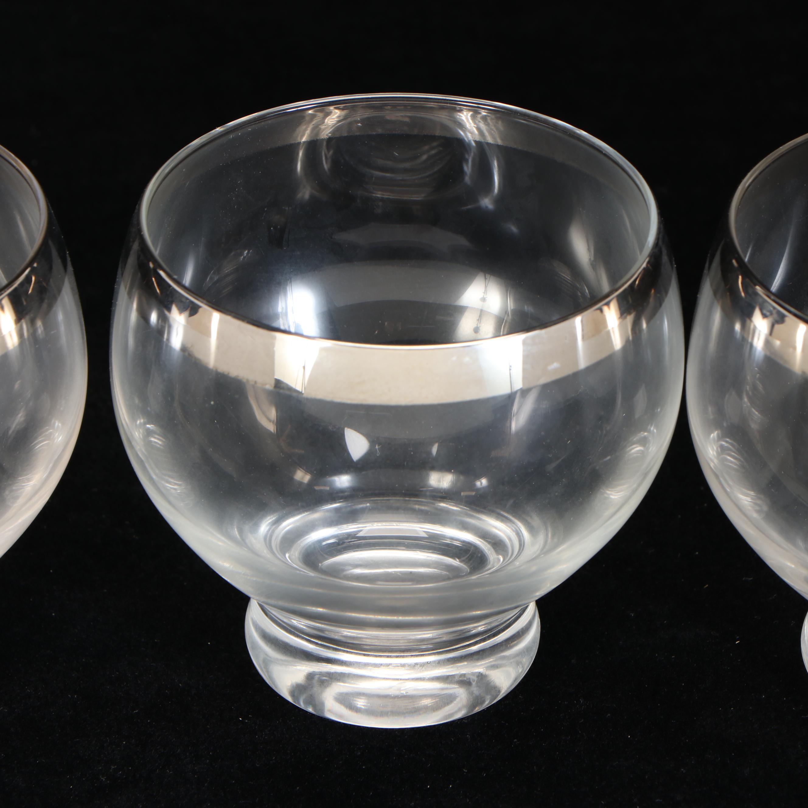 Mid Century Modern Style Platinum Rim Stemware and Footed Roly Poly Glasses