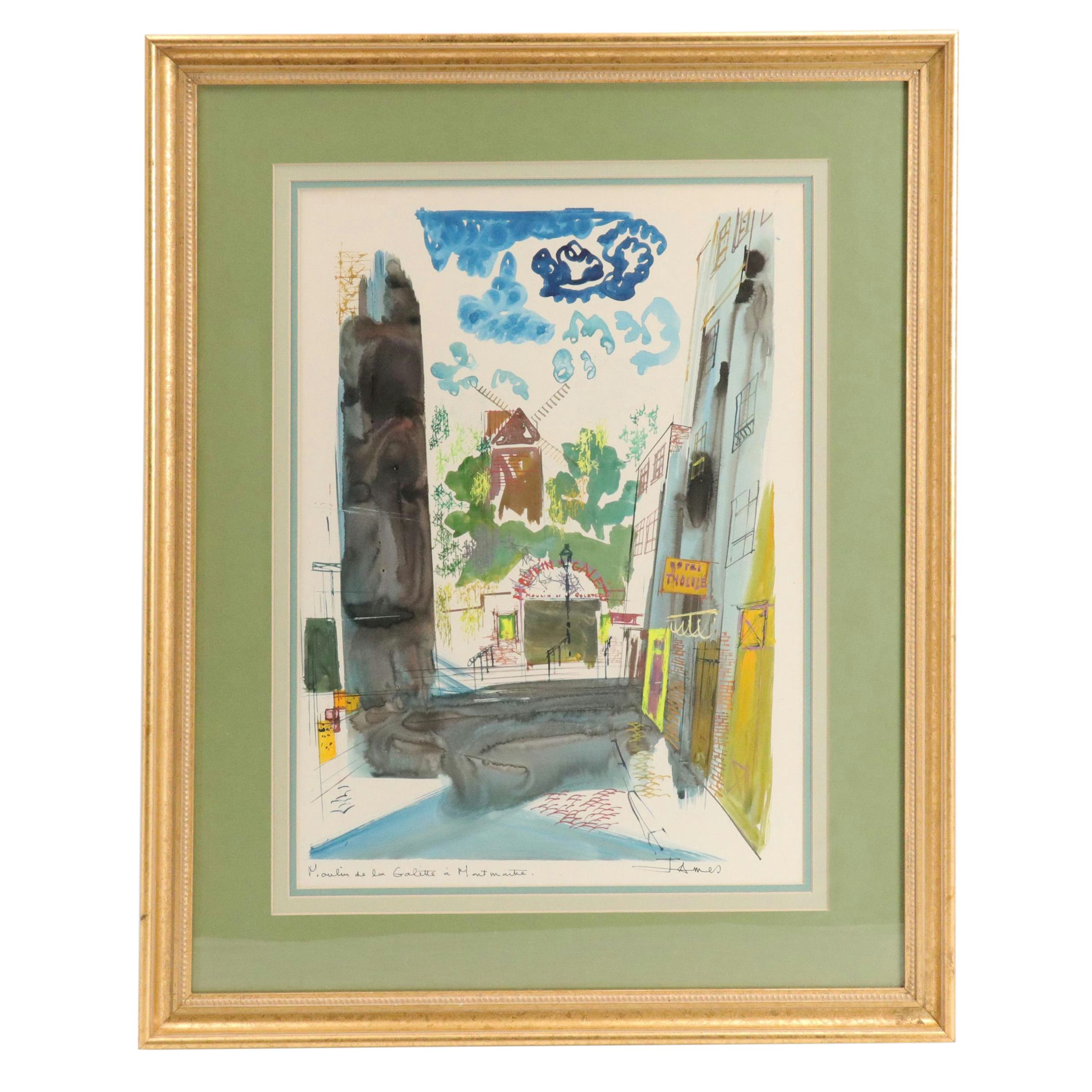 Mixed Media Painting "Moulin de la Galette à Montmartre," Late 20th Century