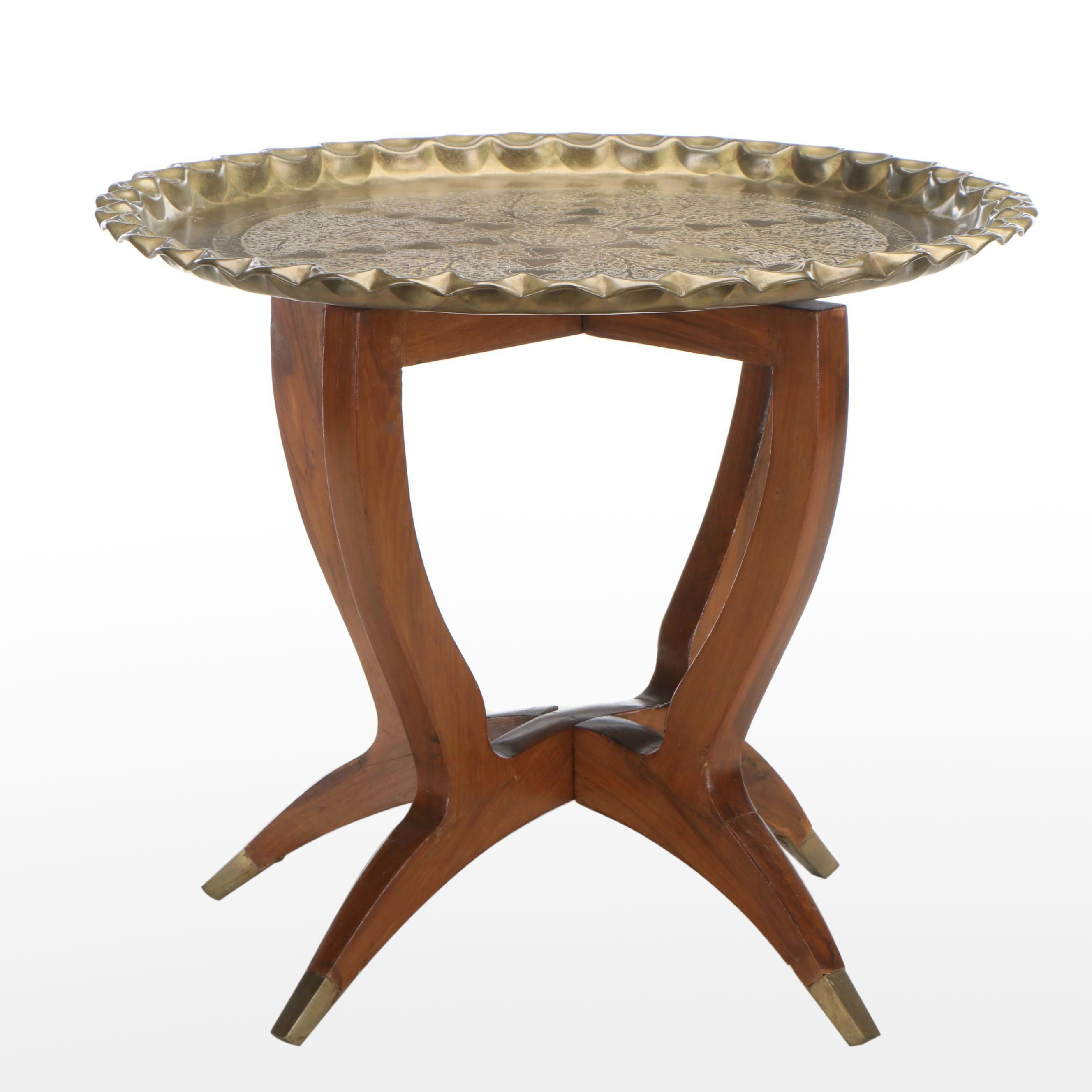 Indo-Persian Style Chased Bray Tray Table on Wood Base
