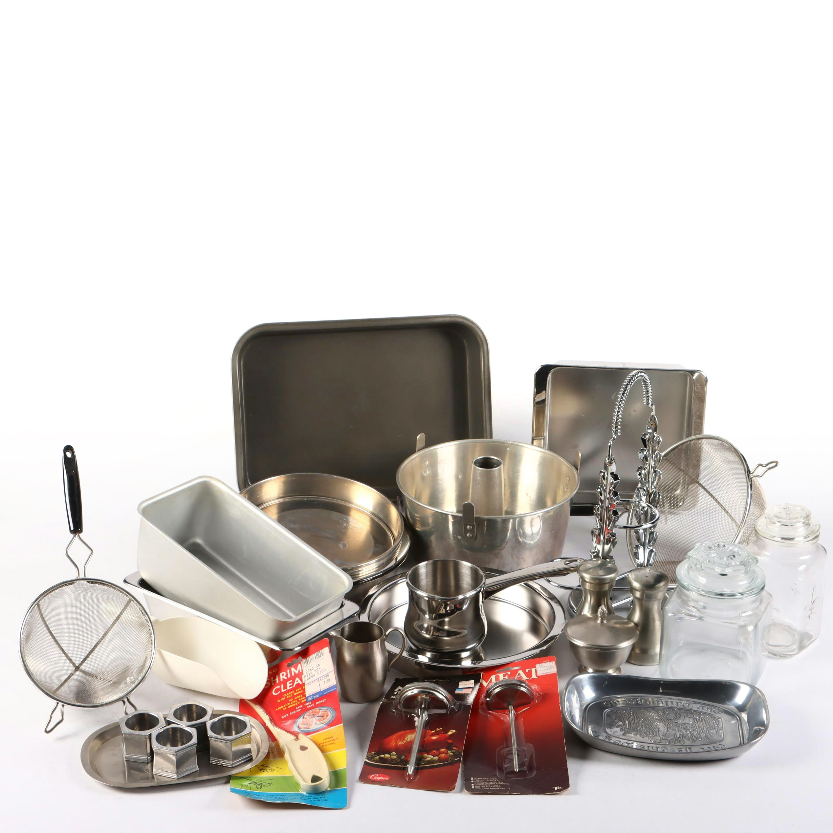 Pewter Bread Basket and Napkin Rings with Other Cook and Tableware