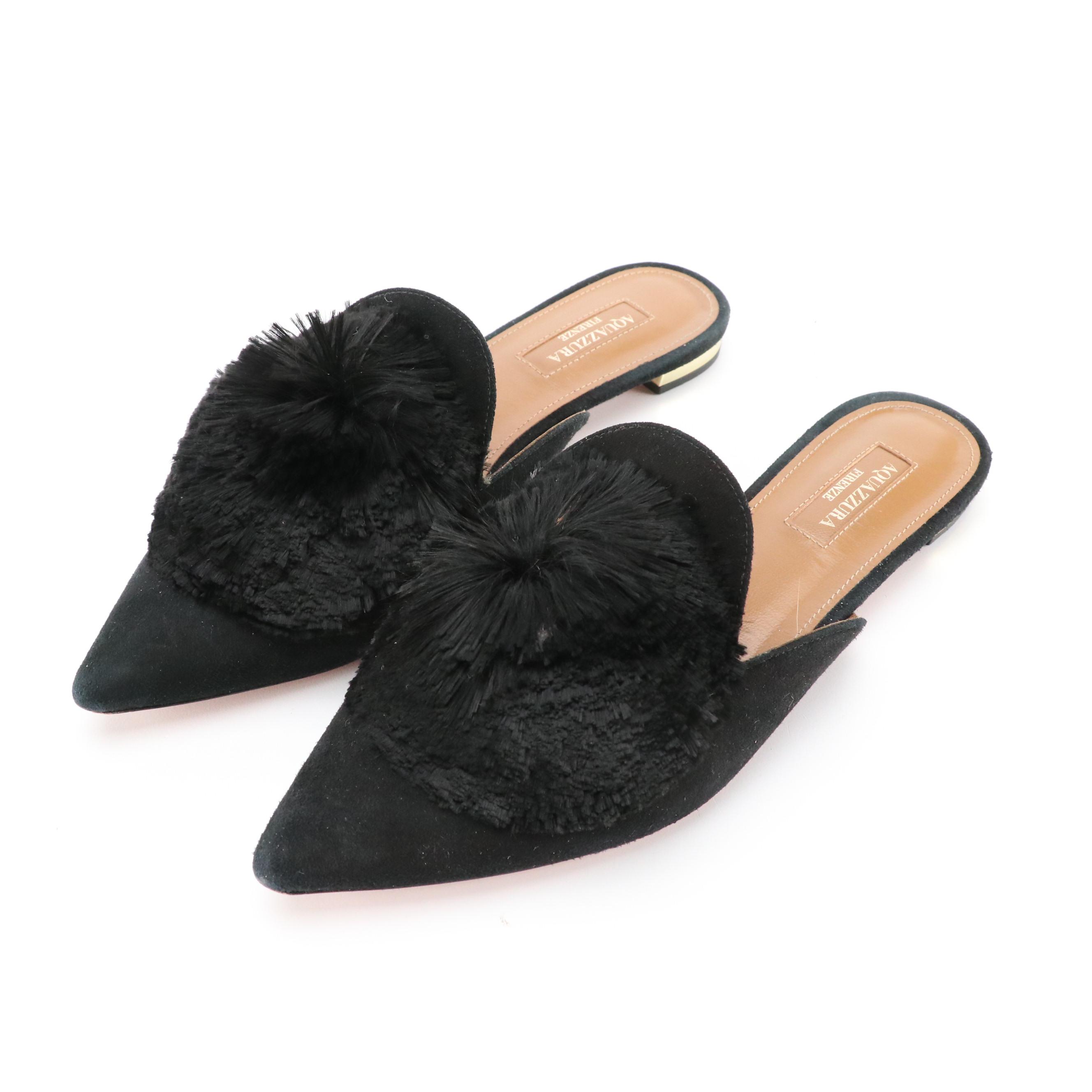 Aquazzura Pom Pom Pointed Toe Flat Mules in Black Suede