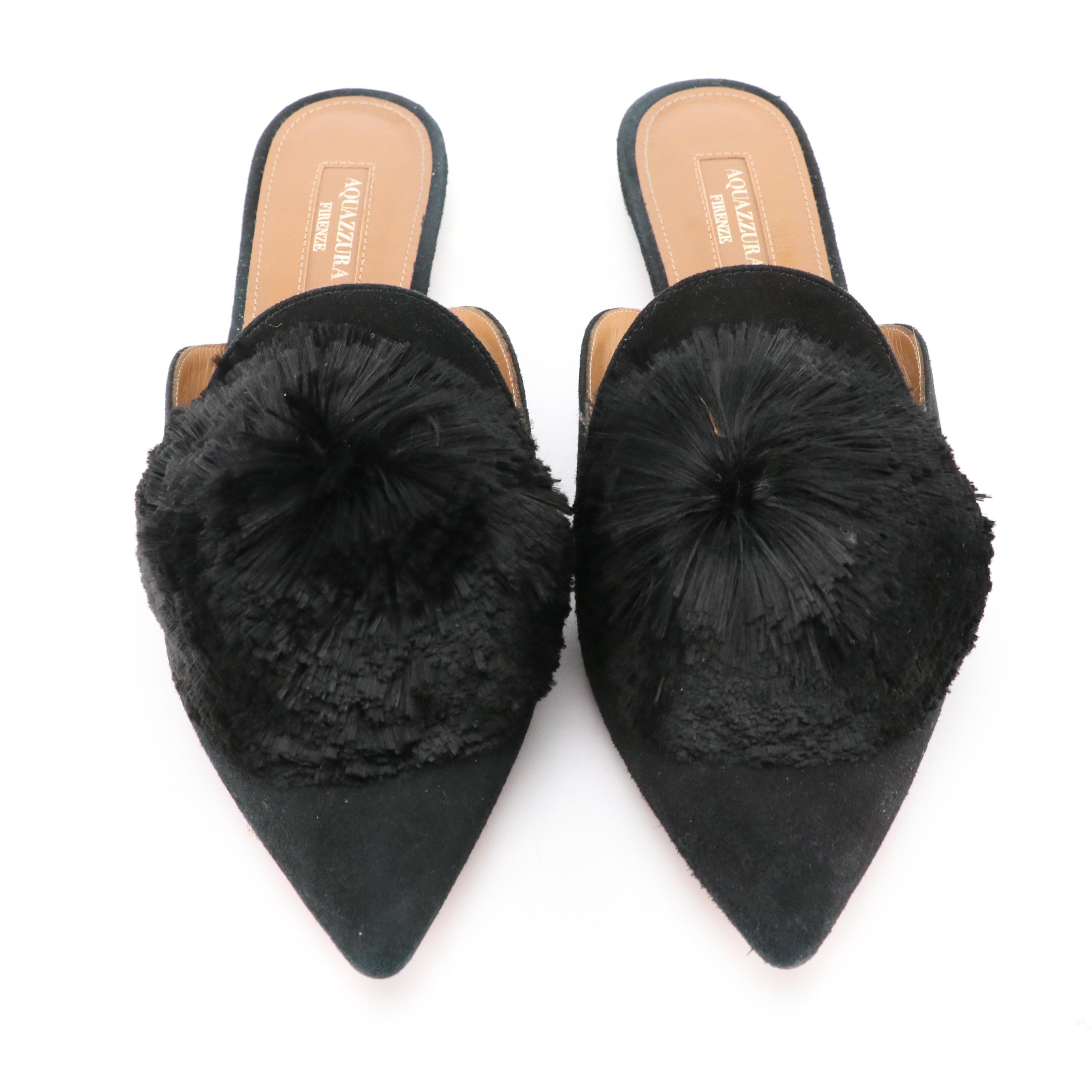 Aquazzura Pom Pom Pointed Toe Flat Mules in Black Suede