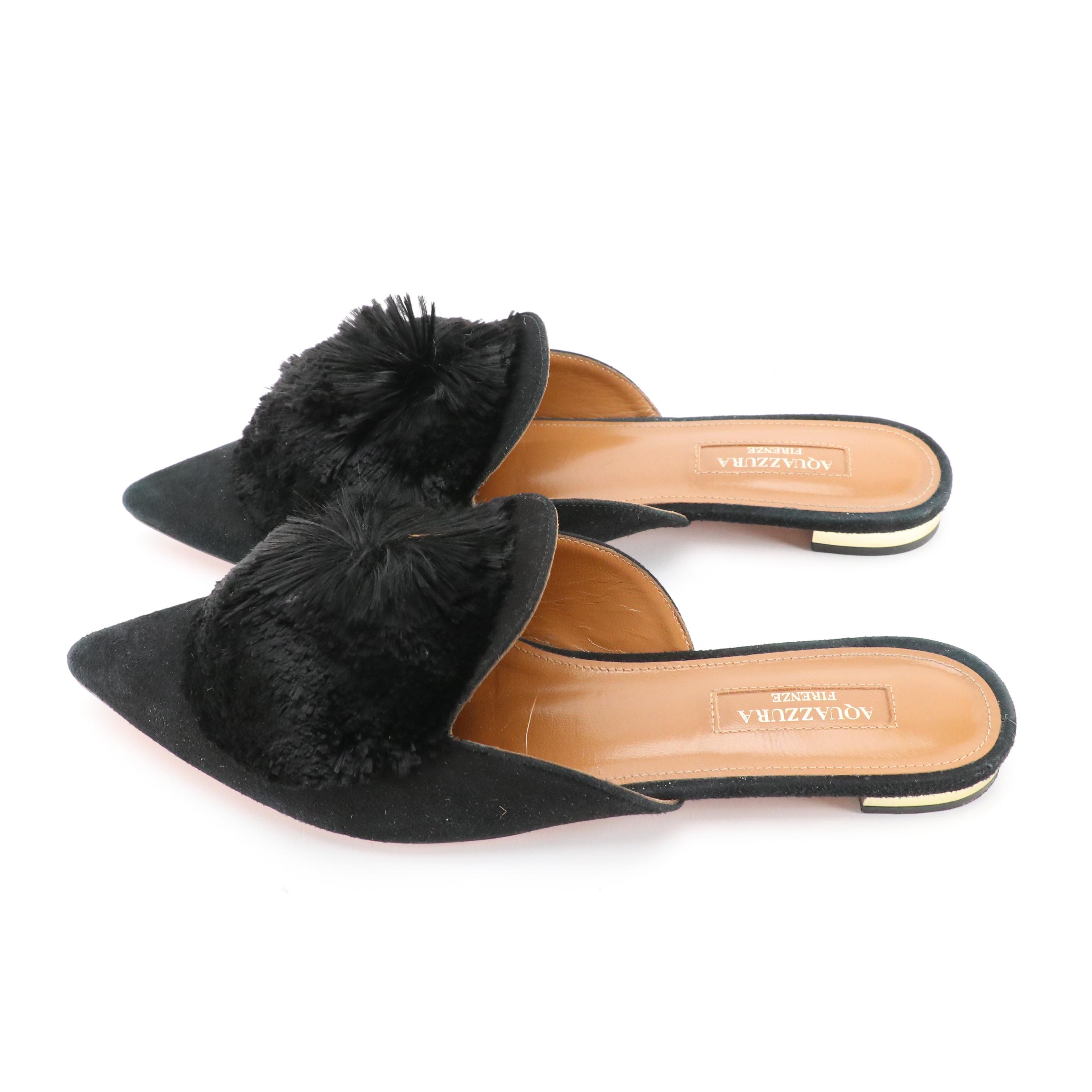 Aquazzura Pom Pom Pointed Toe Flat Mules in Black Suede