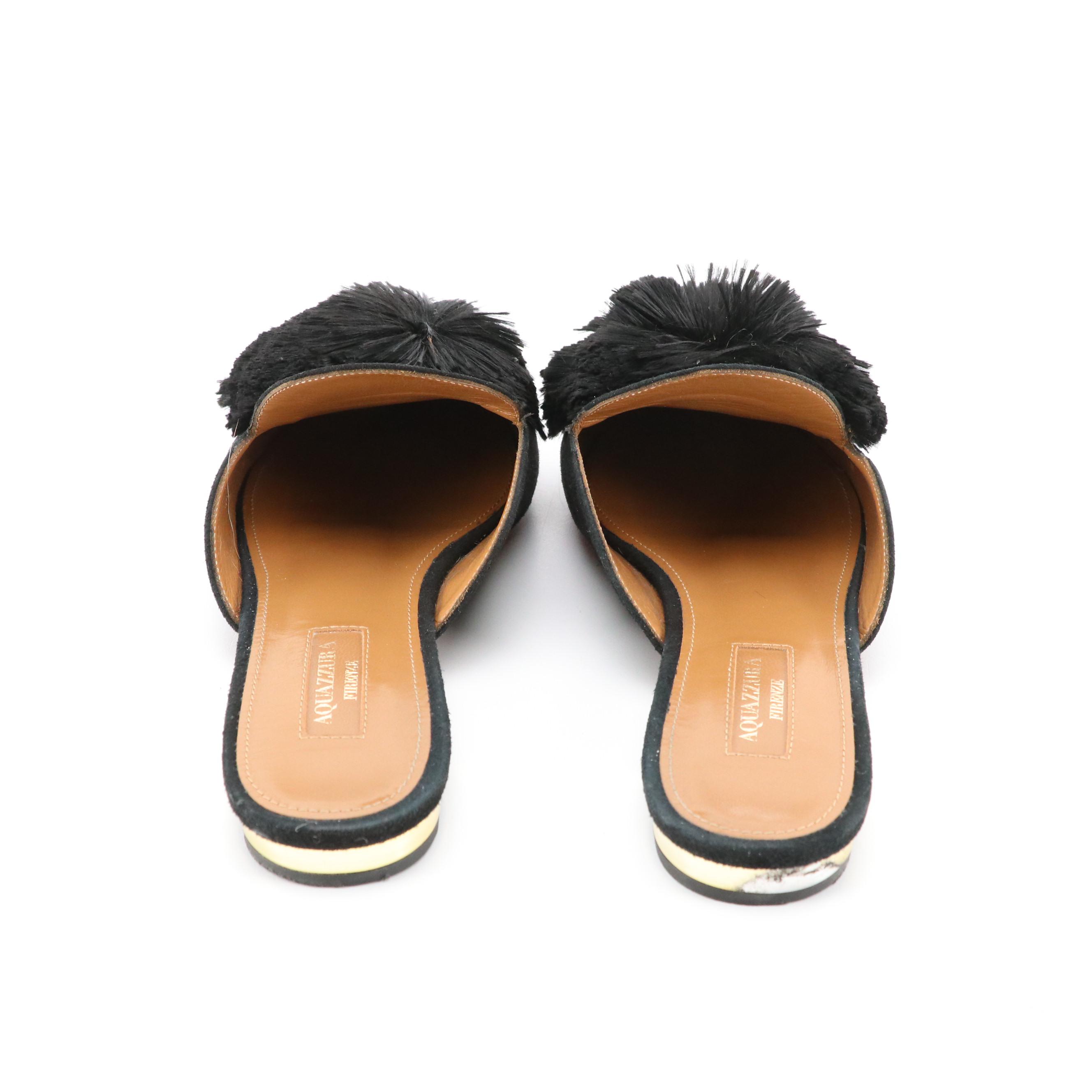 Aquazzura Pom Pom Pointed Toe Flat Mules in Black Suede