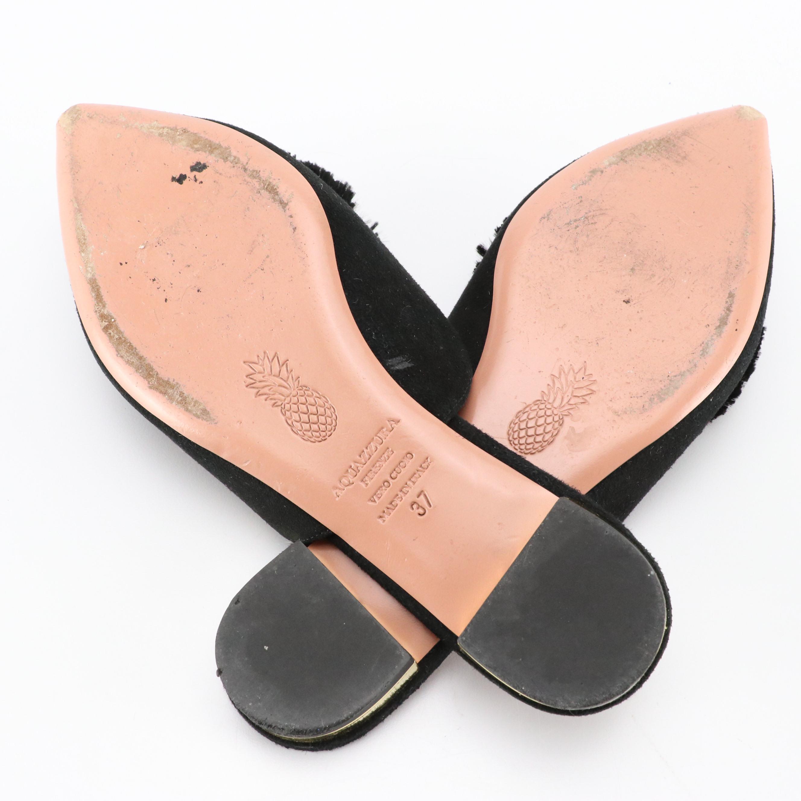 Aquazzura Pom Pom Pointed Toe Flat Mules in Black Suede