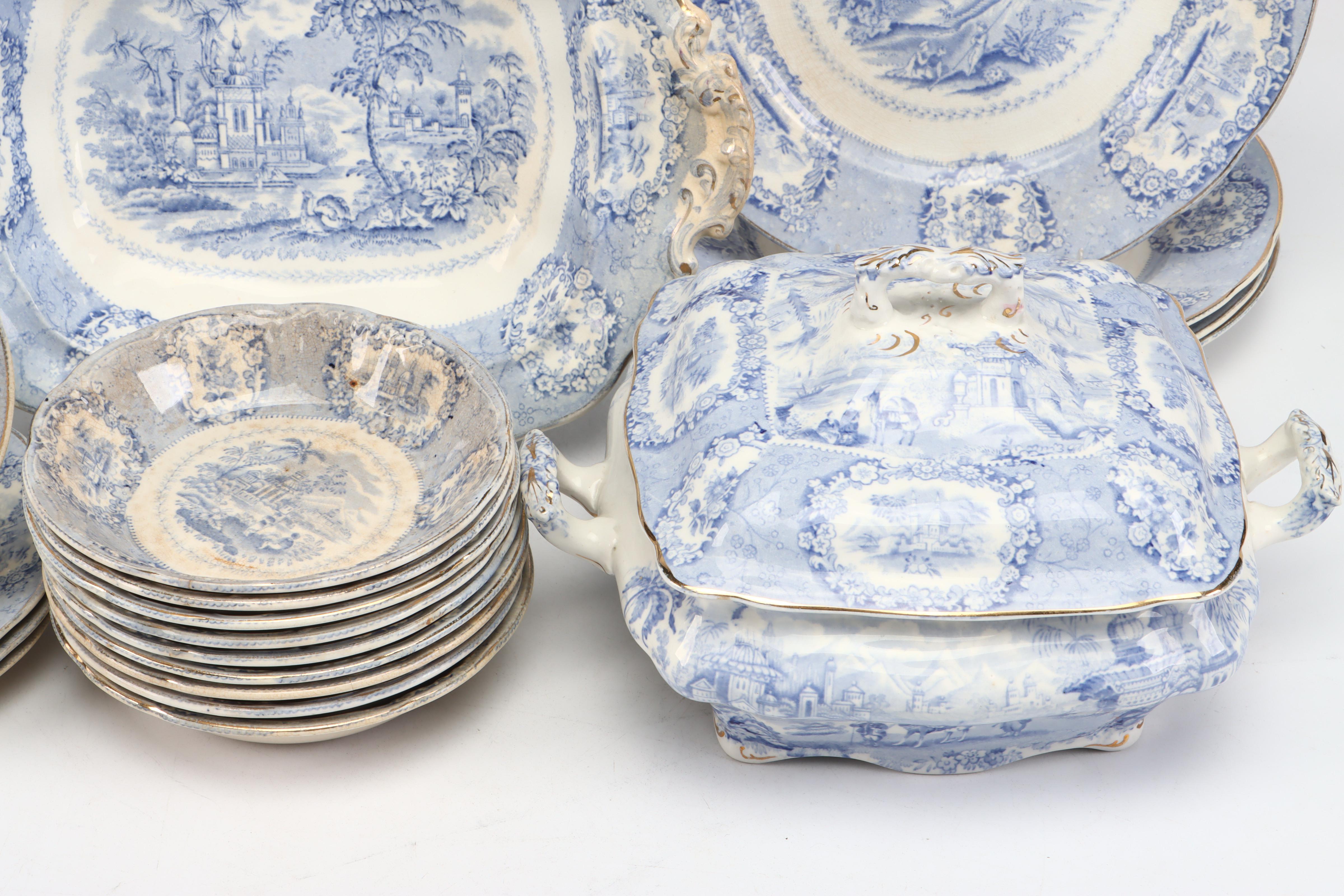 Ridgways English Blue Transferware "Oriental" Dinnerware and Serving Pieces