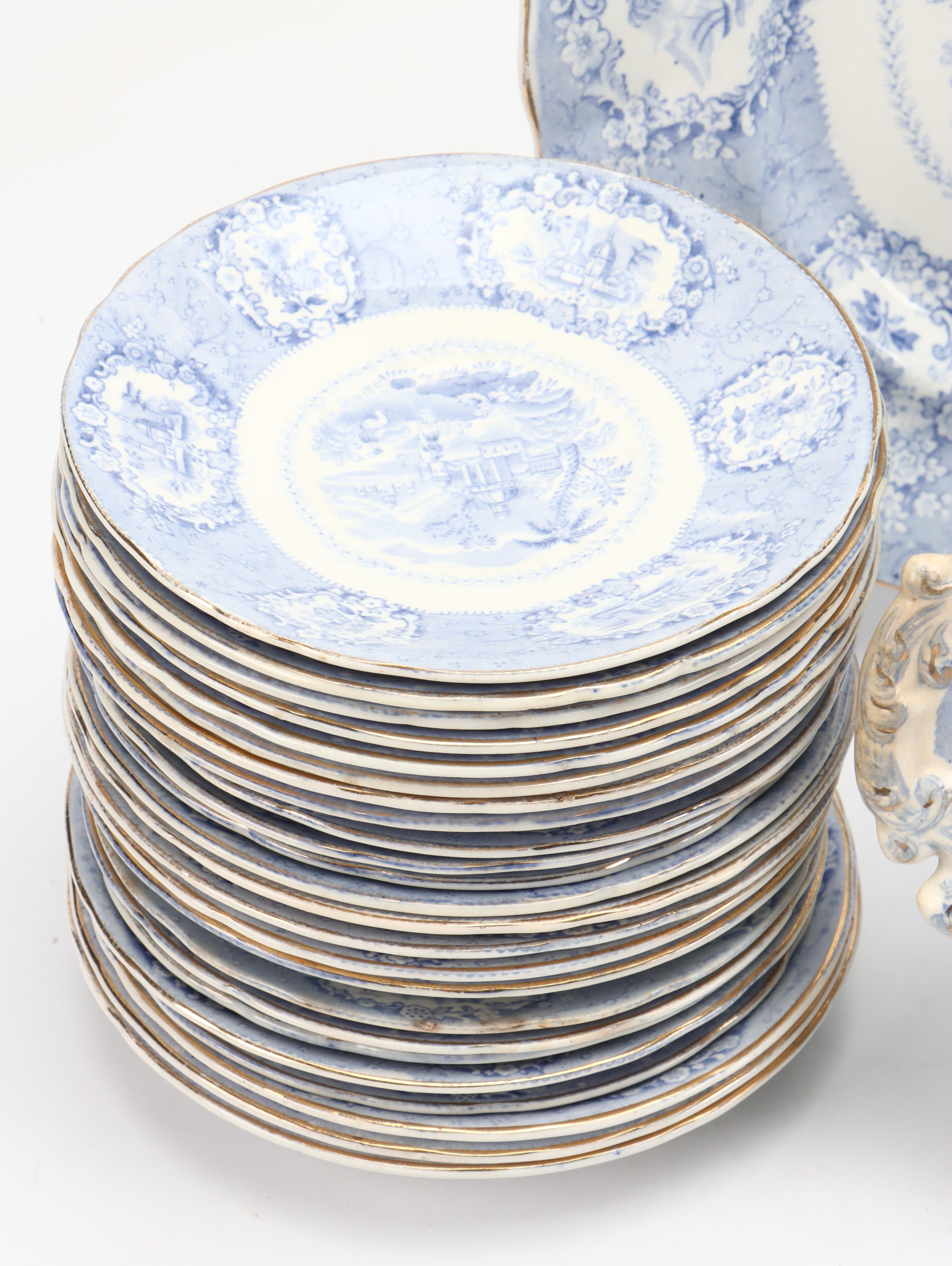 Ridgways English Blue Transferware "Oriental" Dinnerware and Serving Pieces