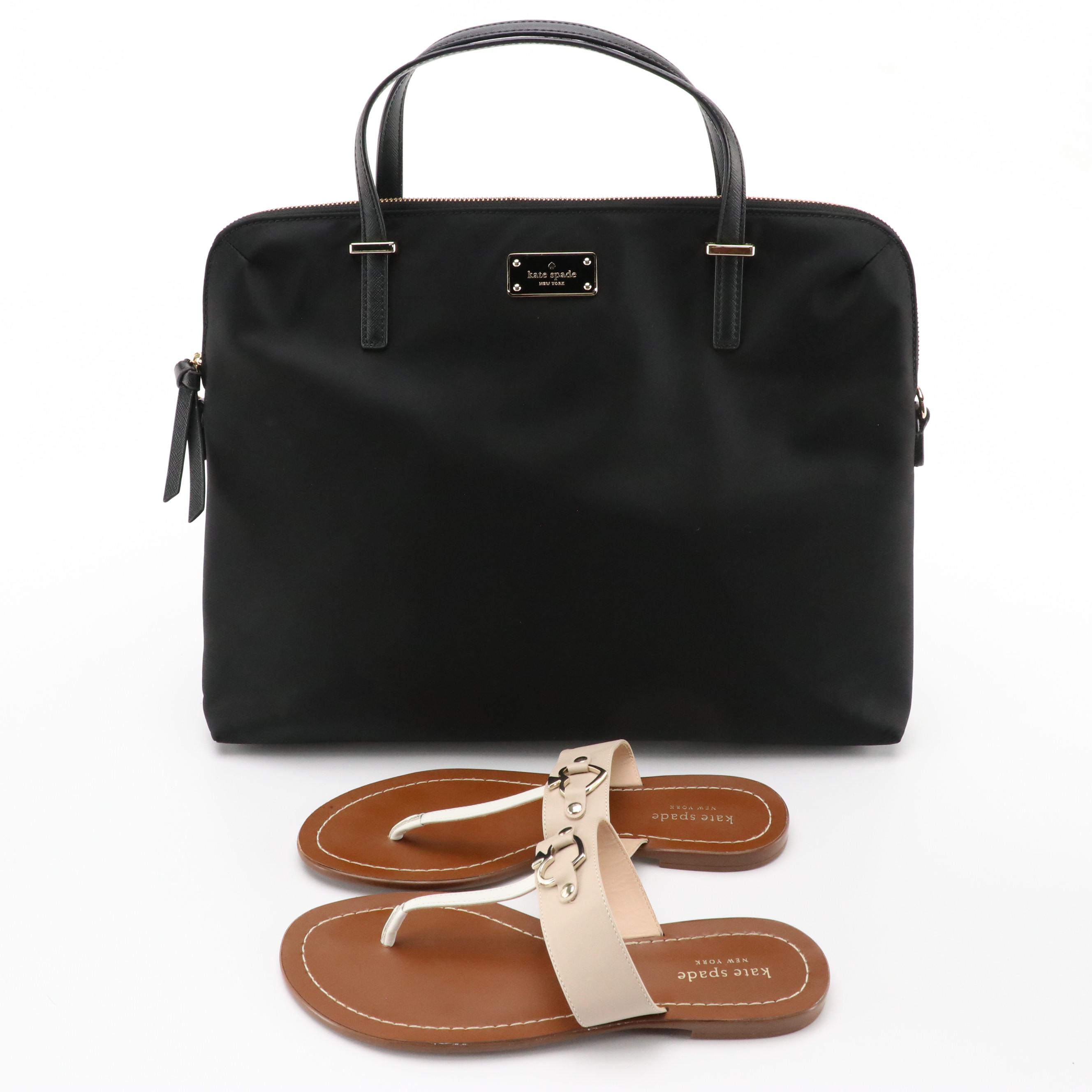 Kate Spade New York Black Nylon Two-Way Laptop Bag and Leather Thong Sandals
