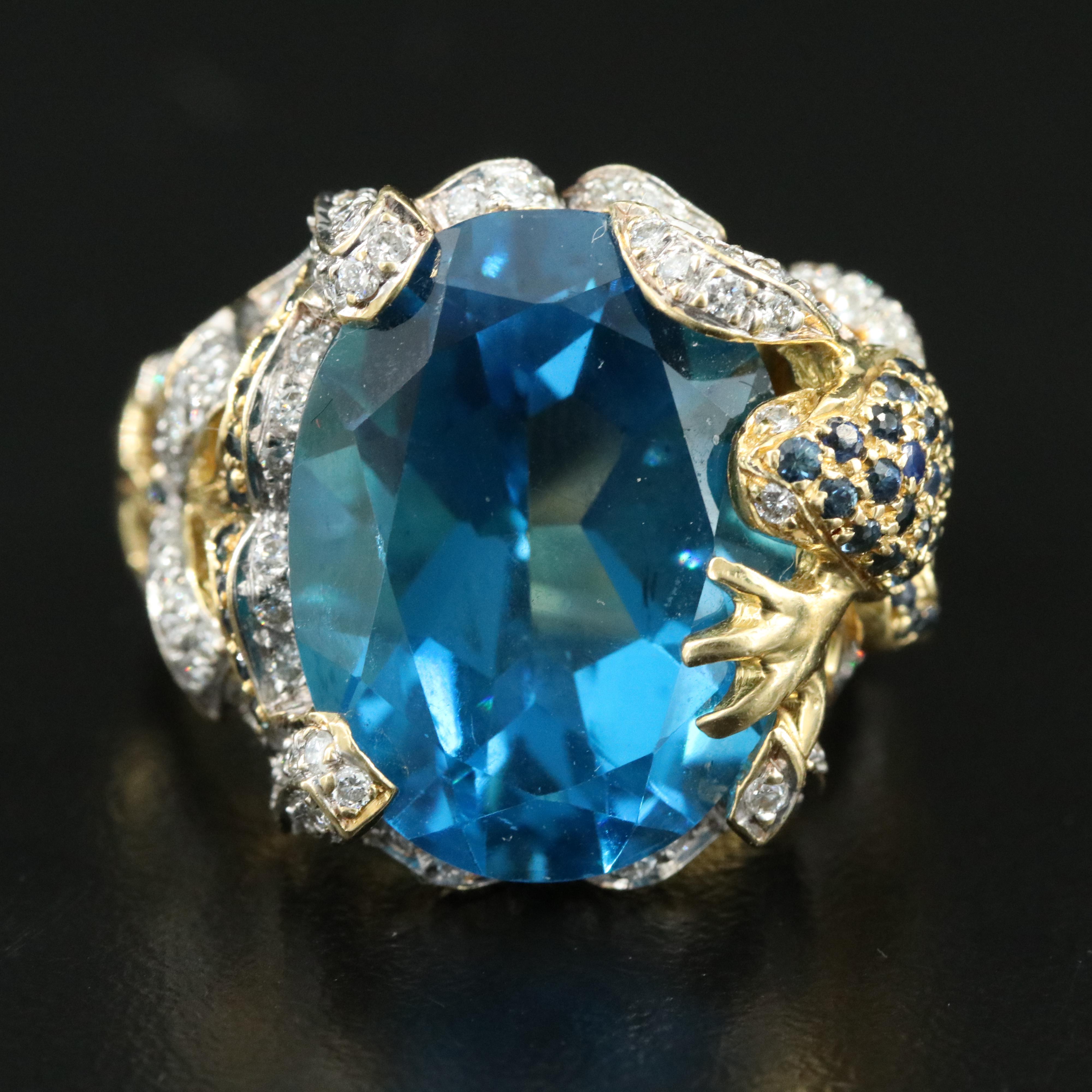 18K Two-Tone 25.69 CT Topaz and Diamond Ring with Frog and Foliage