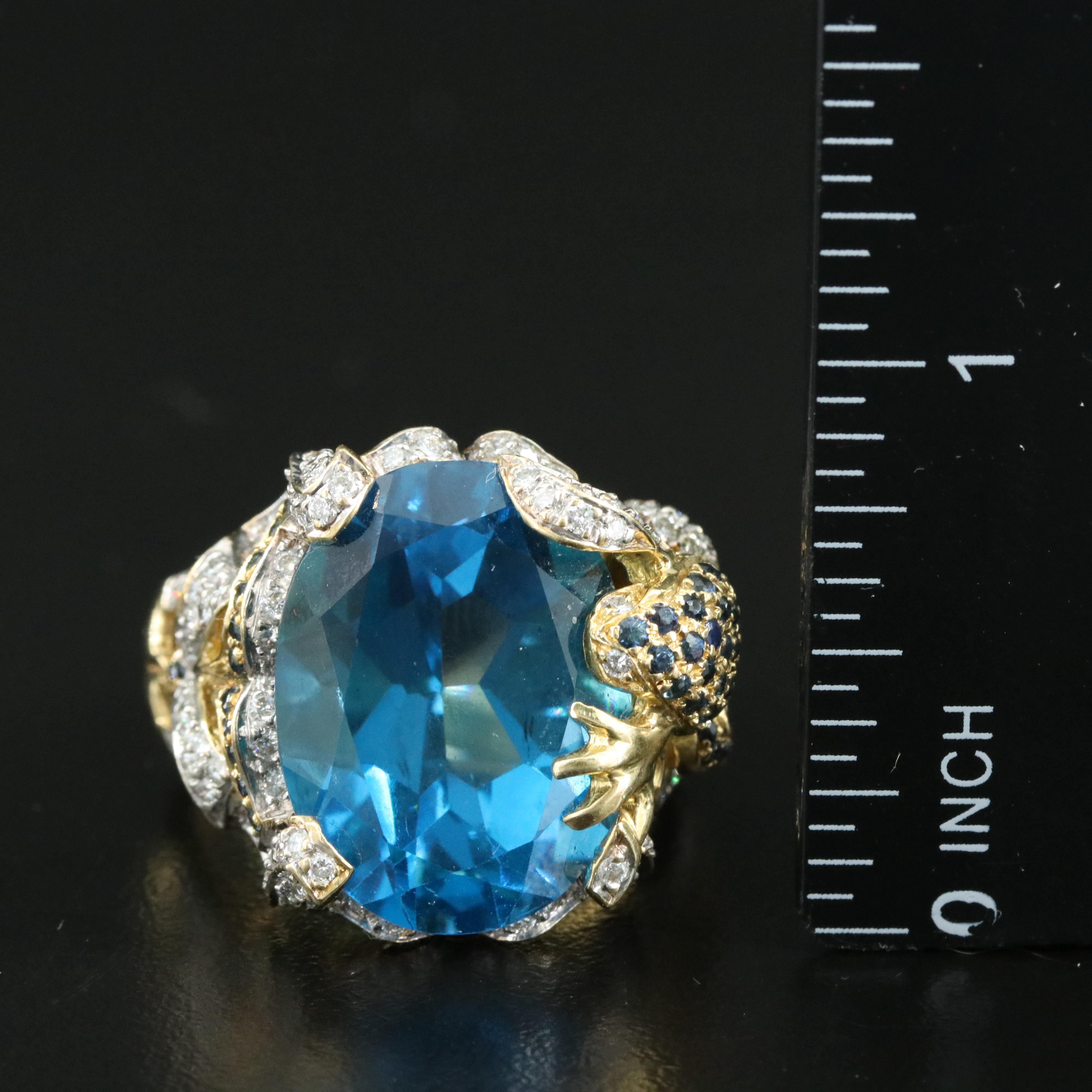 18K Two-Tone 25.69 CT Topaz and Diamond Ring with Frog and Foliage