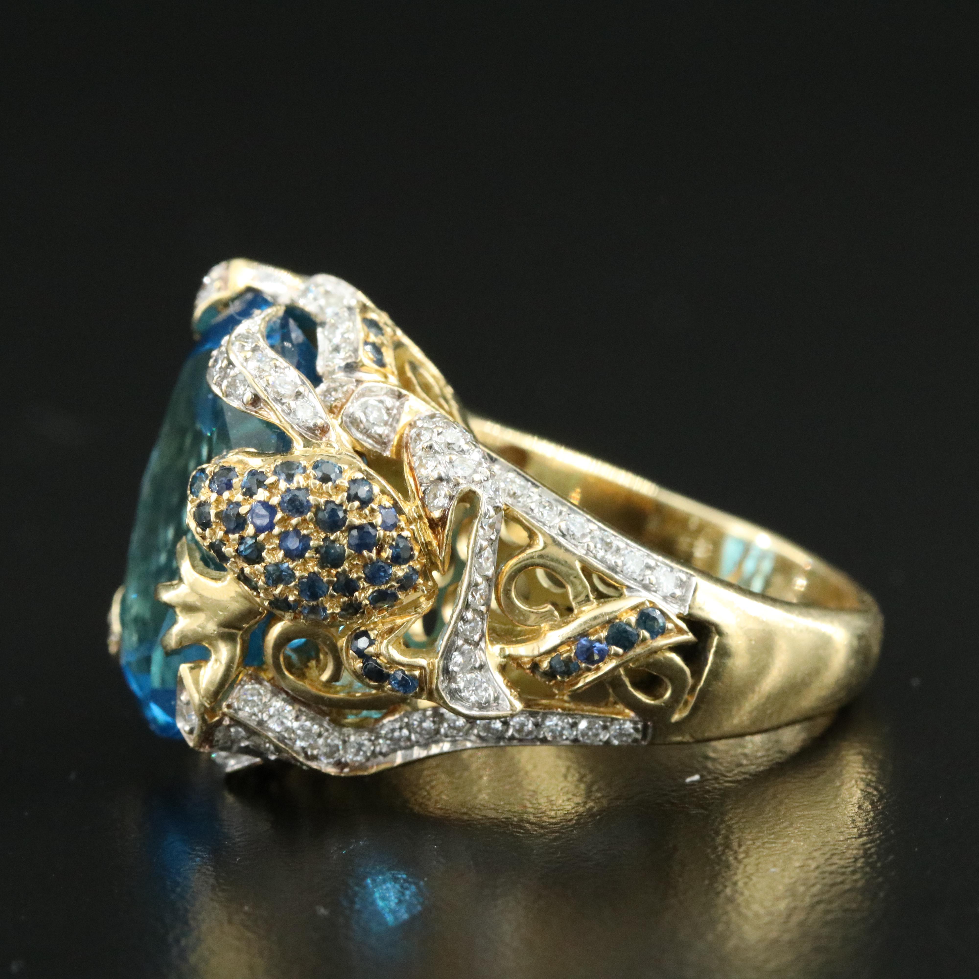18K Two-Tone 25.69 CT Topaz and Diamond Ring with Frog and Foliage