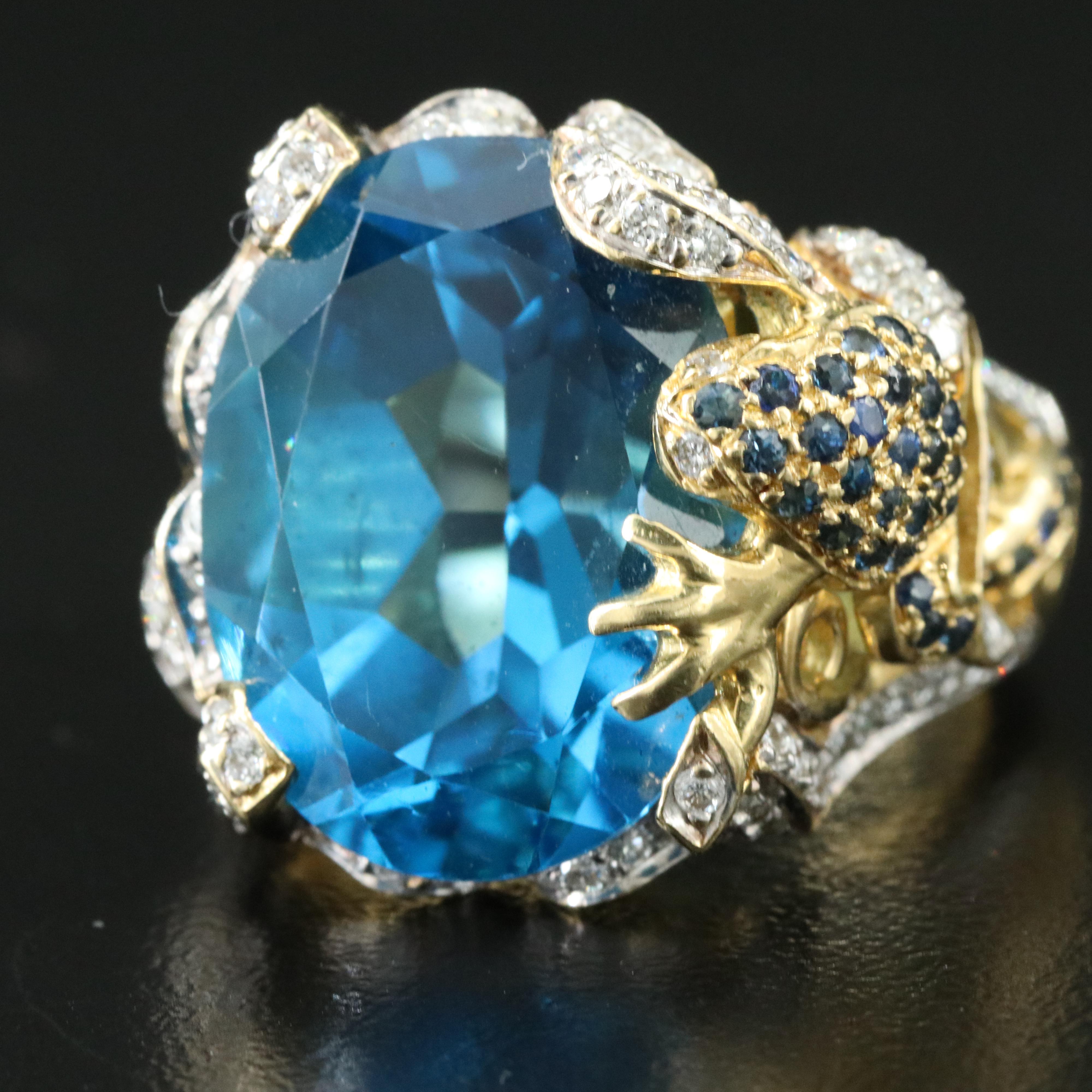 18K Two-Tone 25.69 CT Topaz and Diamond Ring with Frog and Foliage