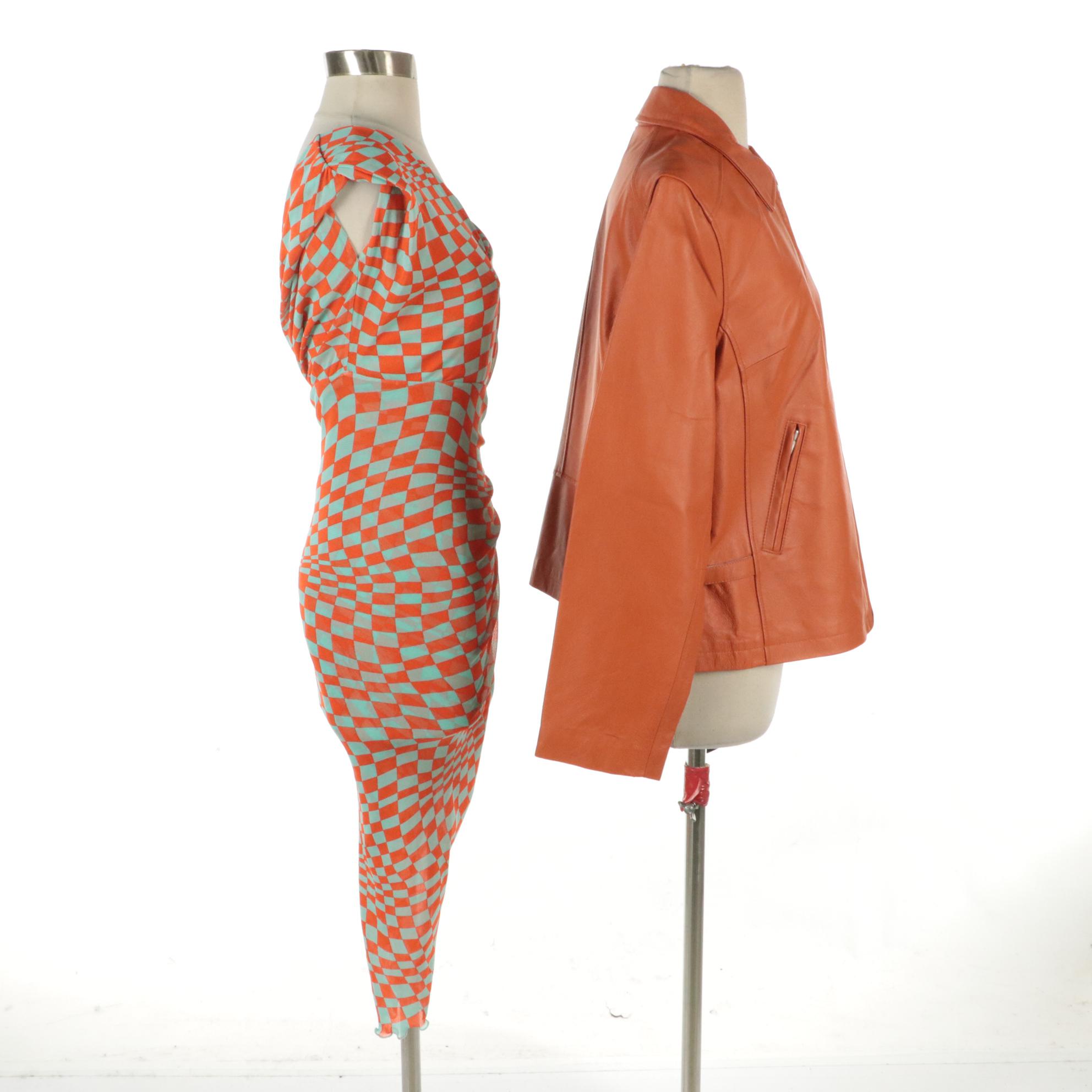 Raffaelo Pumpkin Orange Leather Jacket and Diane Von Furstenberg Sebastian Dress