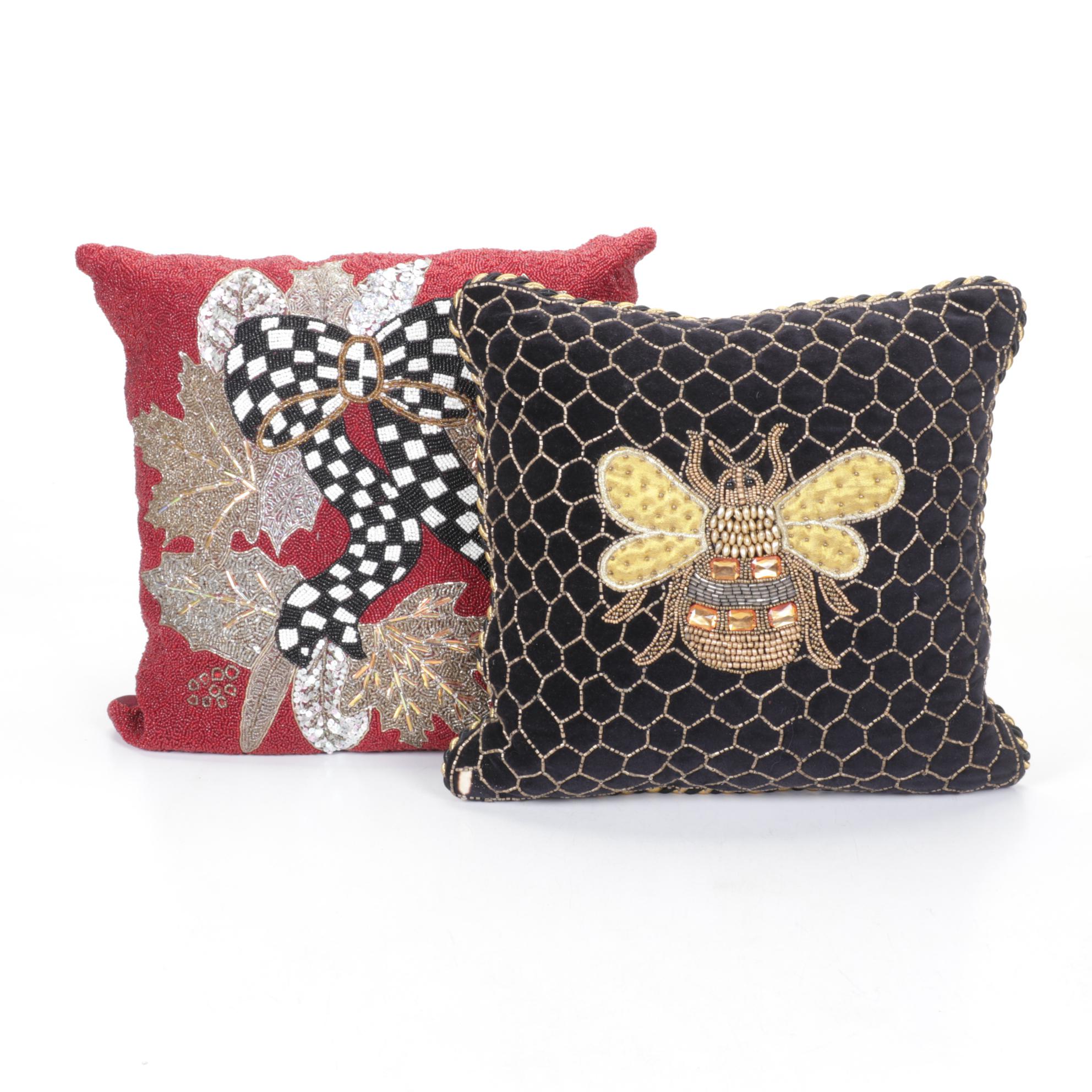 MacKenzie-Childs Glass Beaded Queen Bee and Courtly Check Throw Pillows