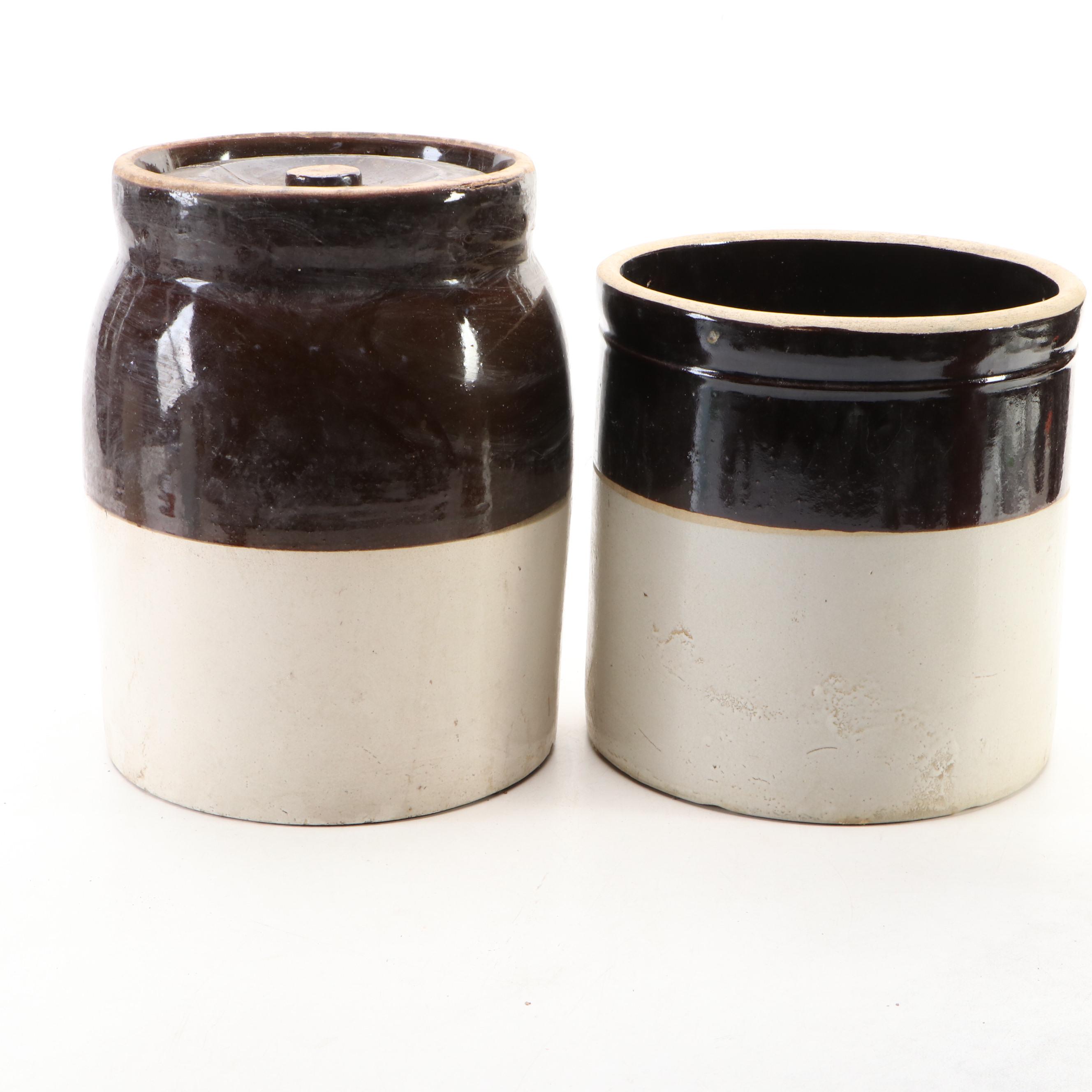 Robinson Ransbottom and Other Salt Glazed Stoneware Crocks with Art Pottery Vase