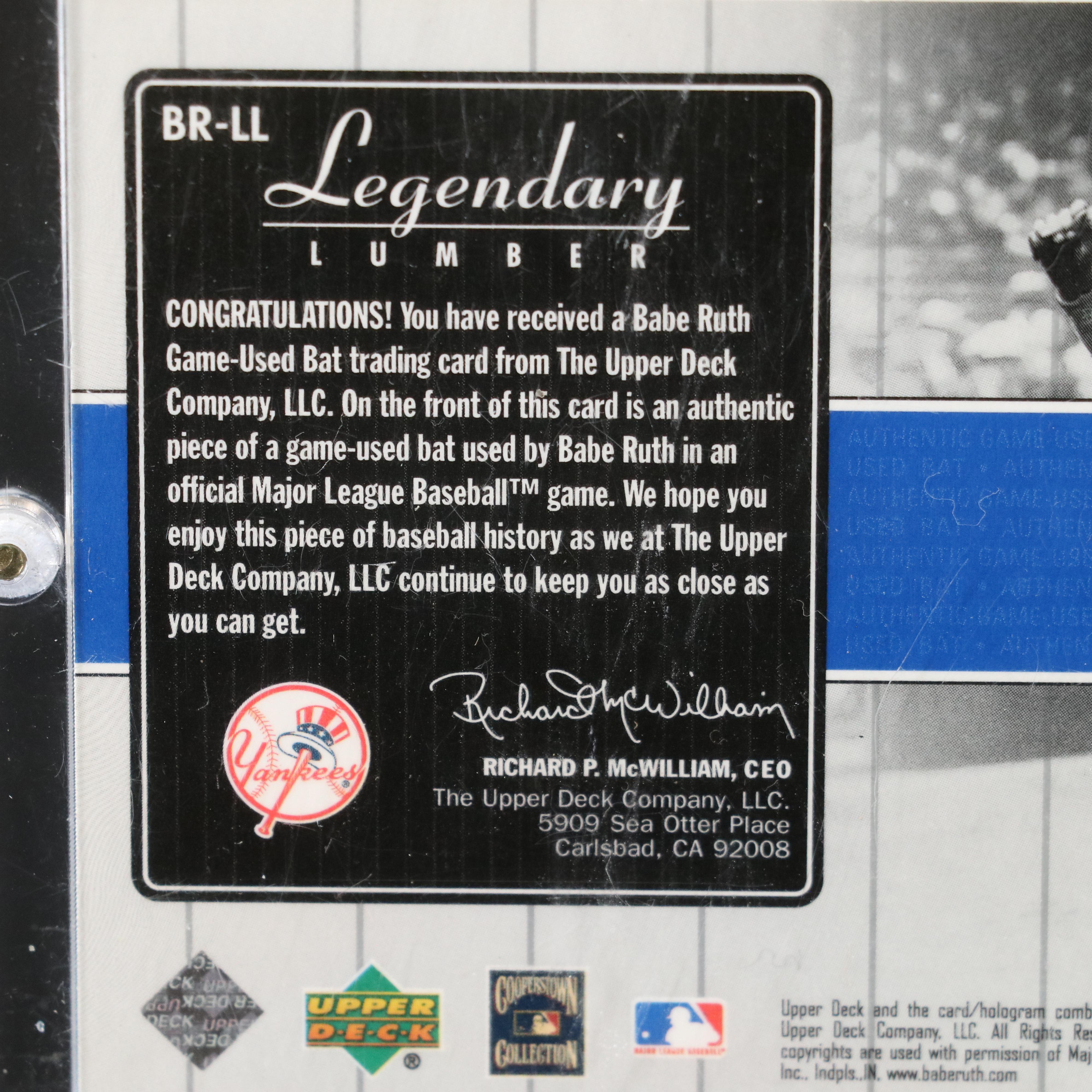 2000 Upper Deck Babe Ruth New York Yankees Game-Used Bat Baseball Card